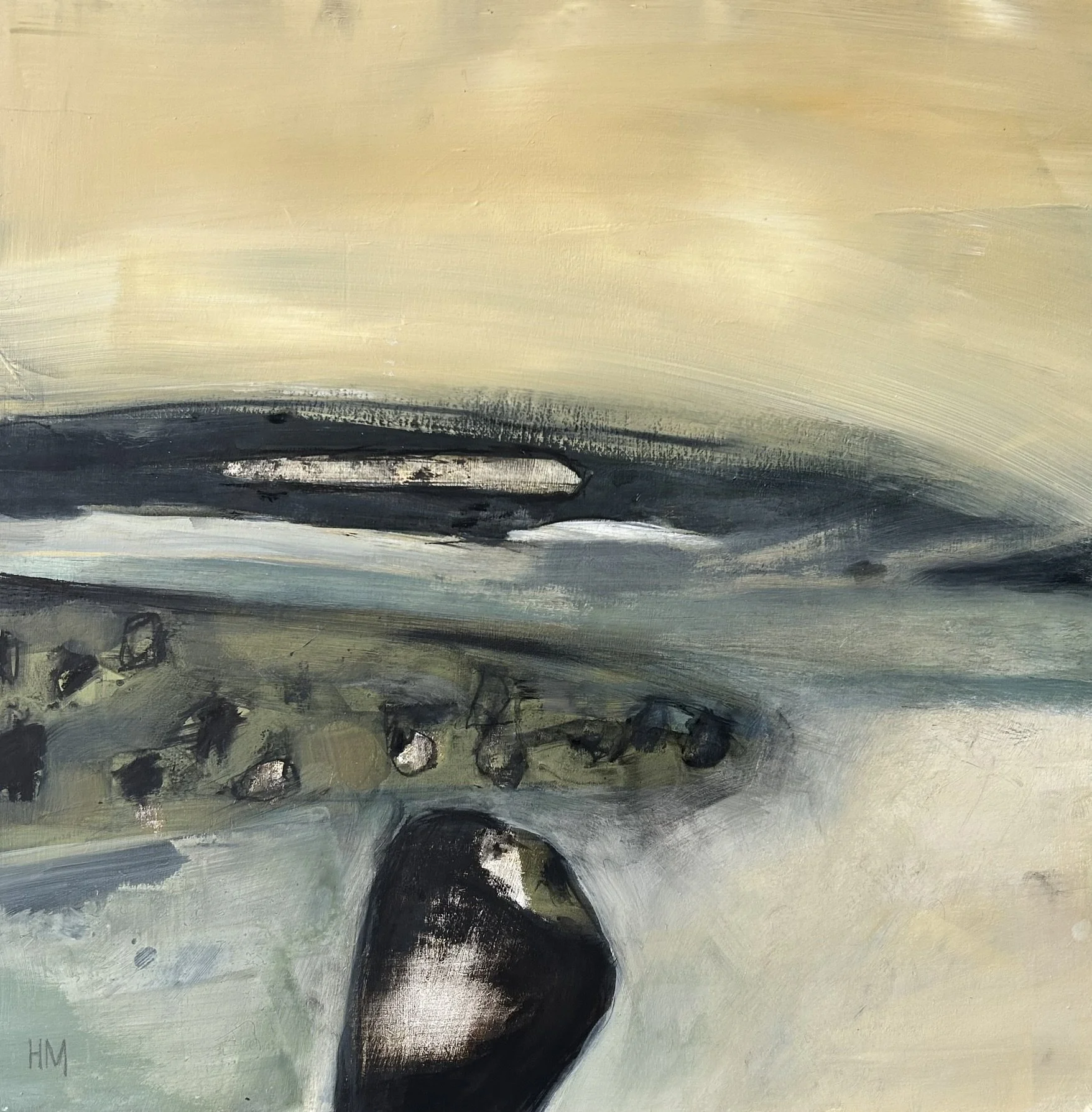 Abstract landscape painting with a large black rock in the foreground and a cloudy sky in muted earth tones.