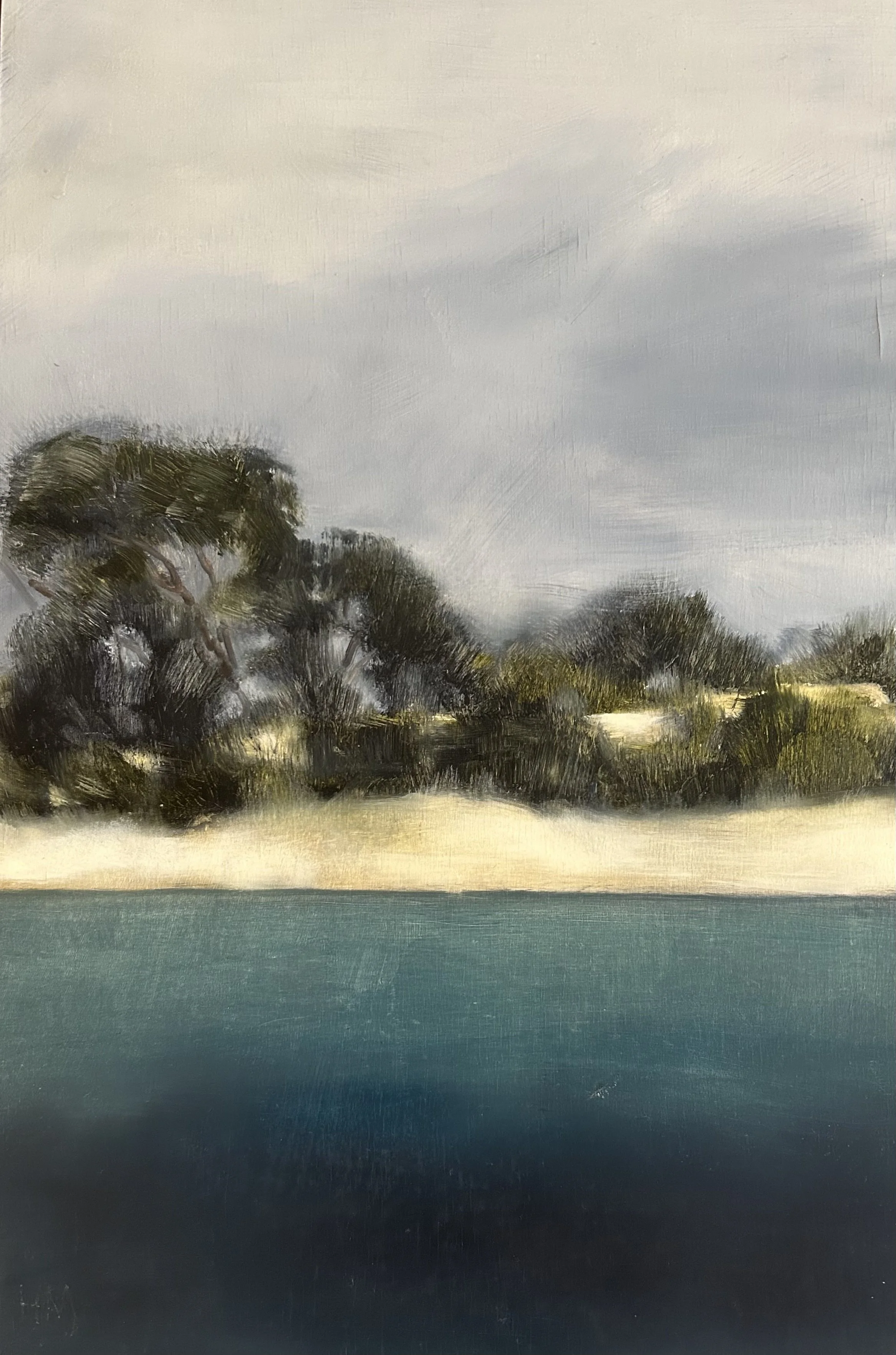 A landscape painting of a body of water in the foreground, with a sandy shoreline and lush trees and bushes under an overcast sky.