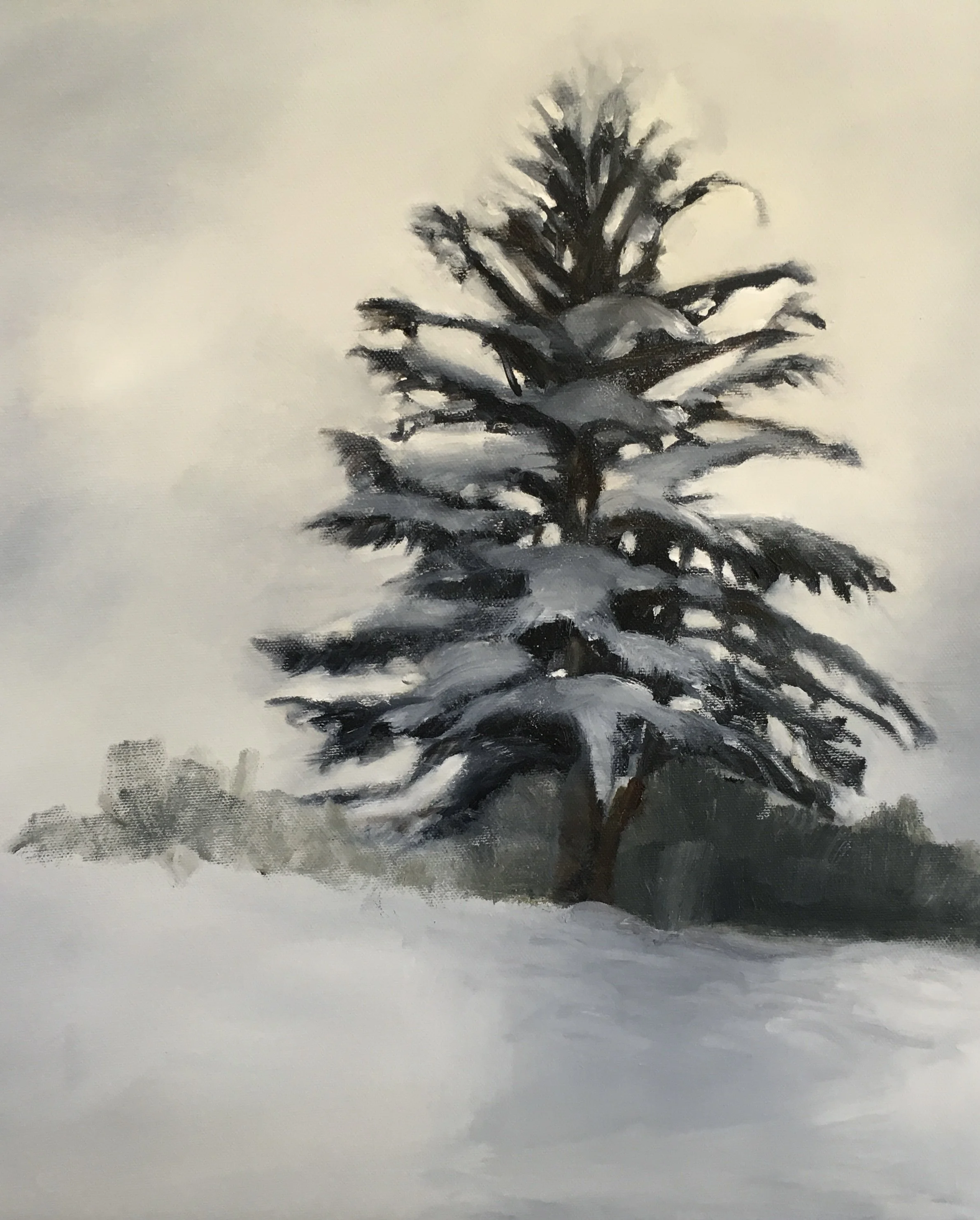A painting of a snow-covered pine tree in winter, with a light gray sky and some foliage in the background.