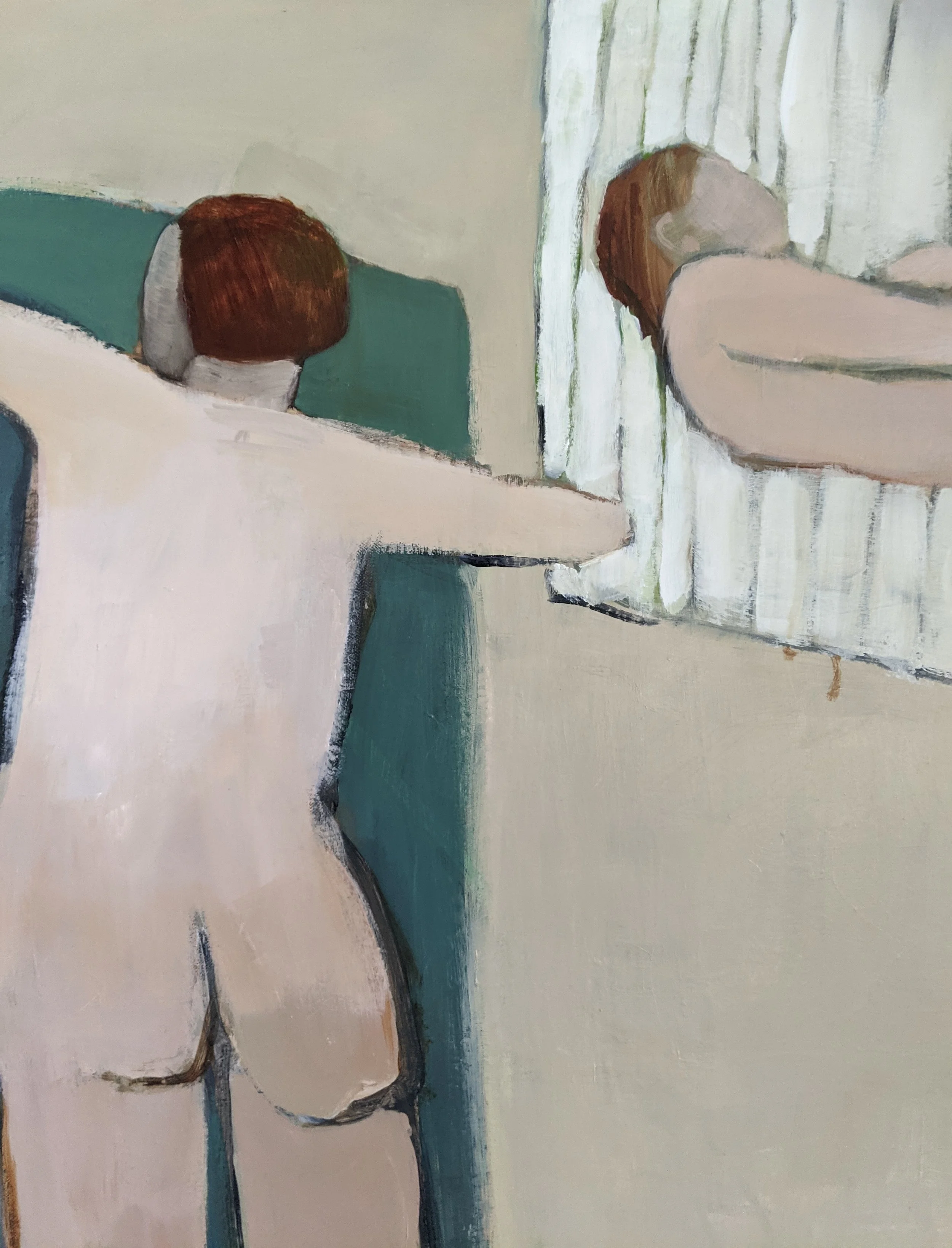 An abstract painting of a nude woman with short reddish hair stretching with her arms raised, seen from the back, reflected in a mirror.