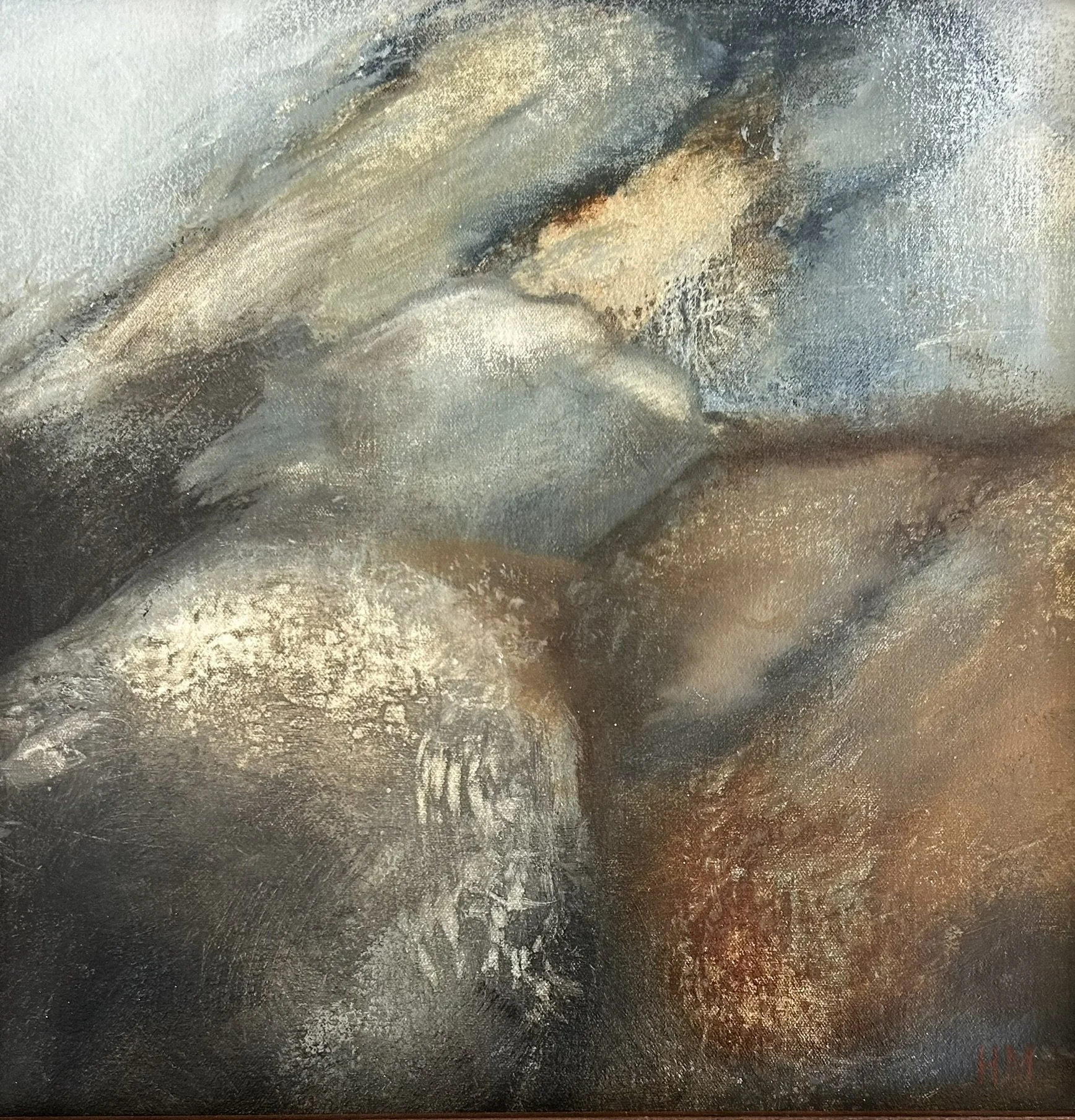 Abstract painting with swirling shades of gray, black, blue, beige, and brown.