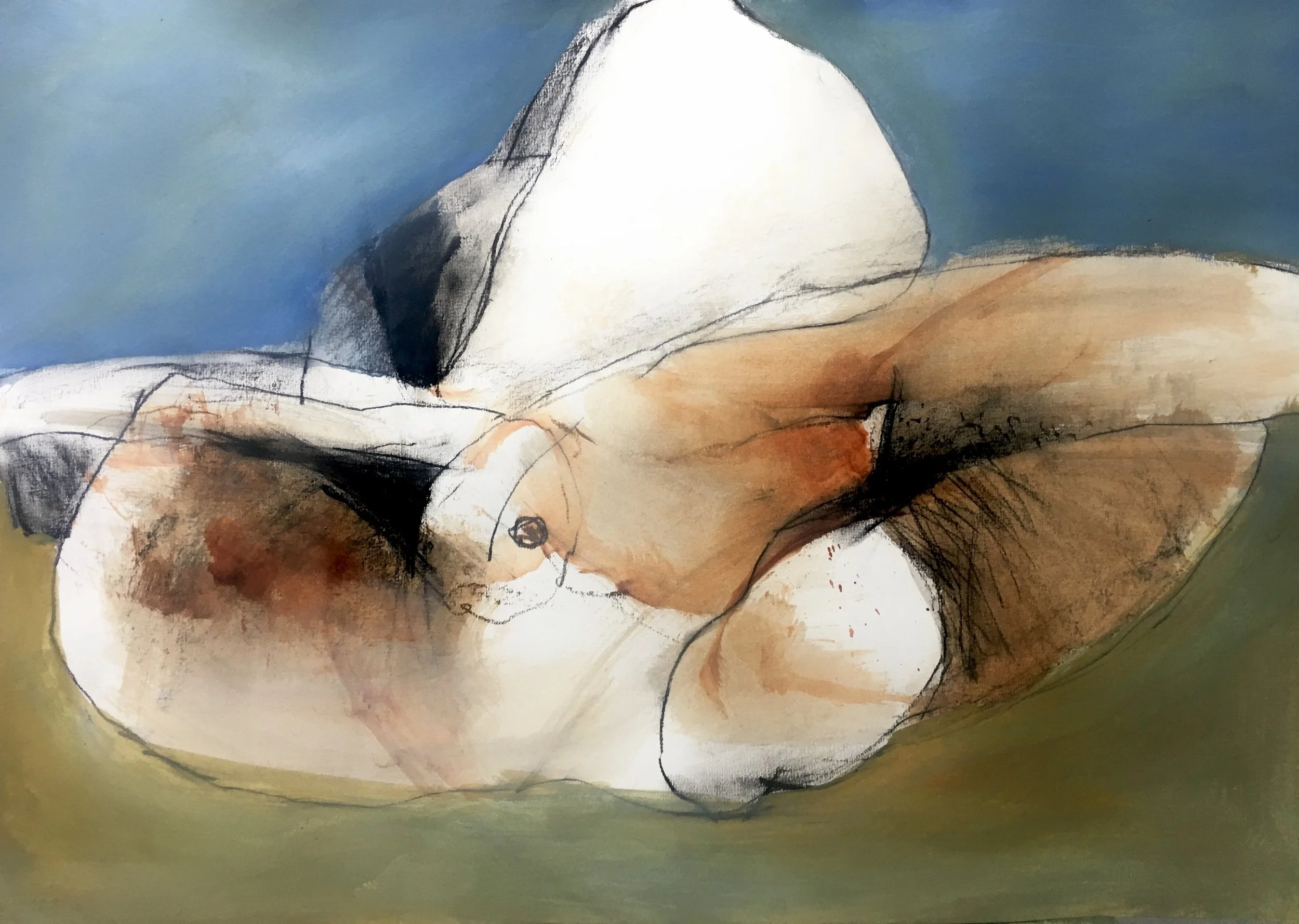Abstract watercolor painting of a reclining nude figure with visible torso and limbs, set against a background with shades of blue, green, black, white, and brown.