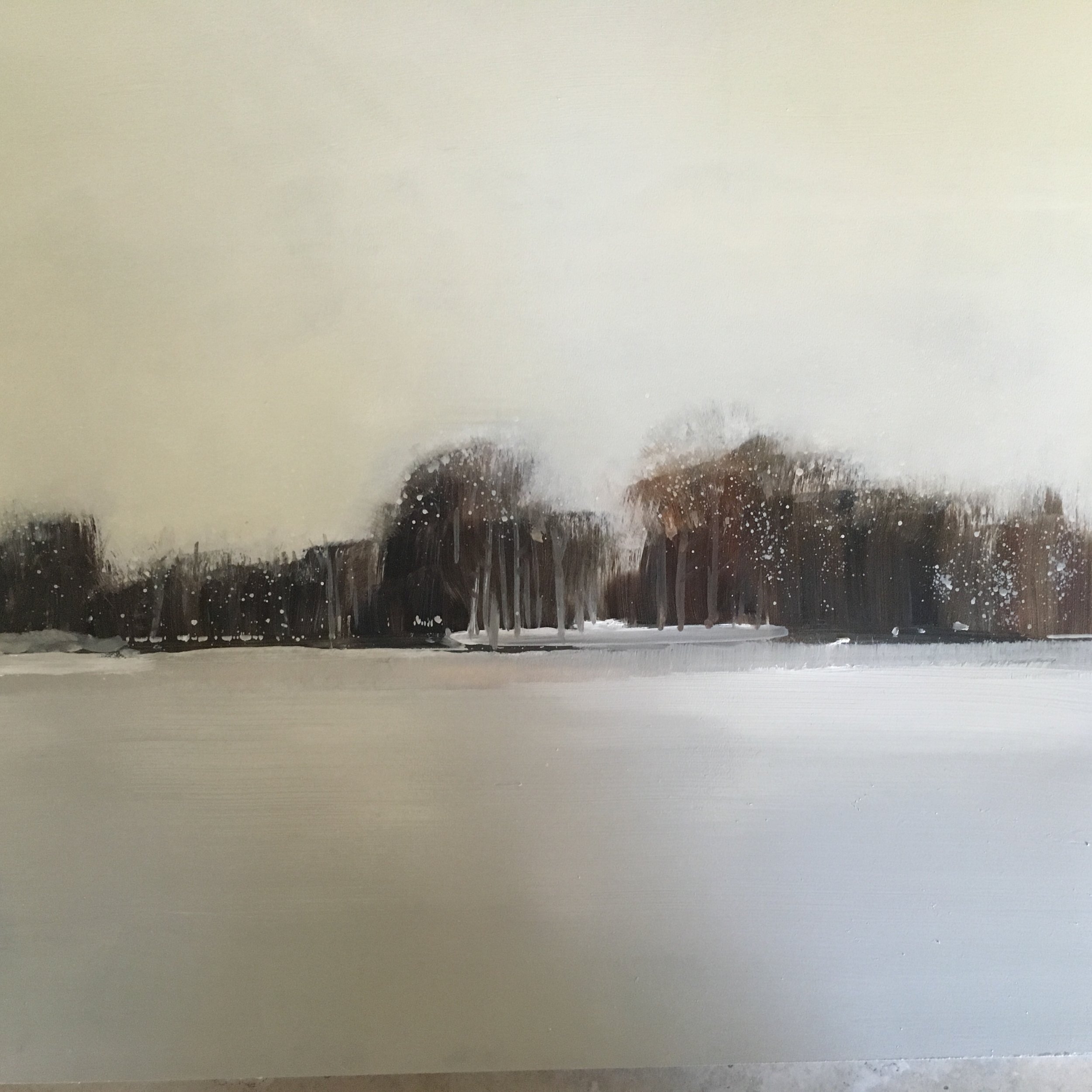 Abstract painting of trees along a horizon with a snow-covered landscape in muted colors.