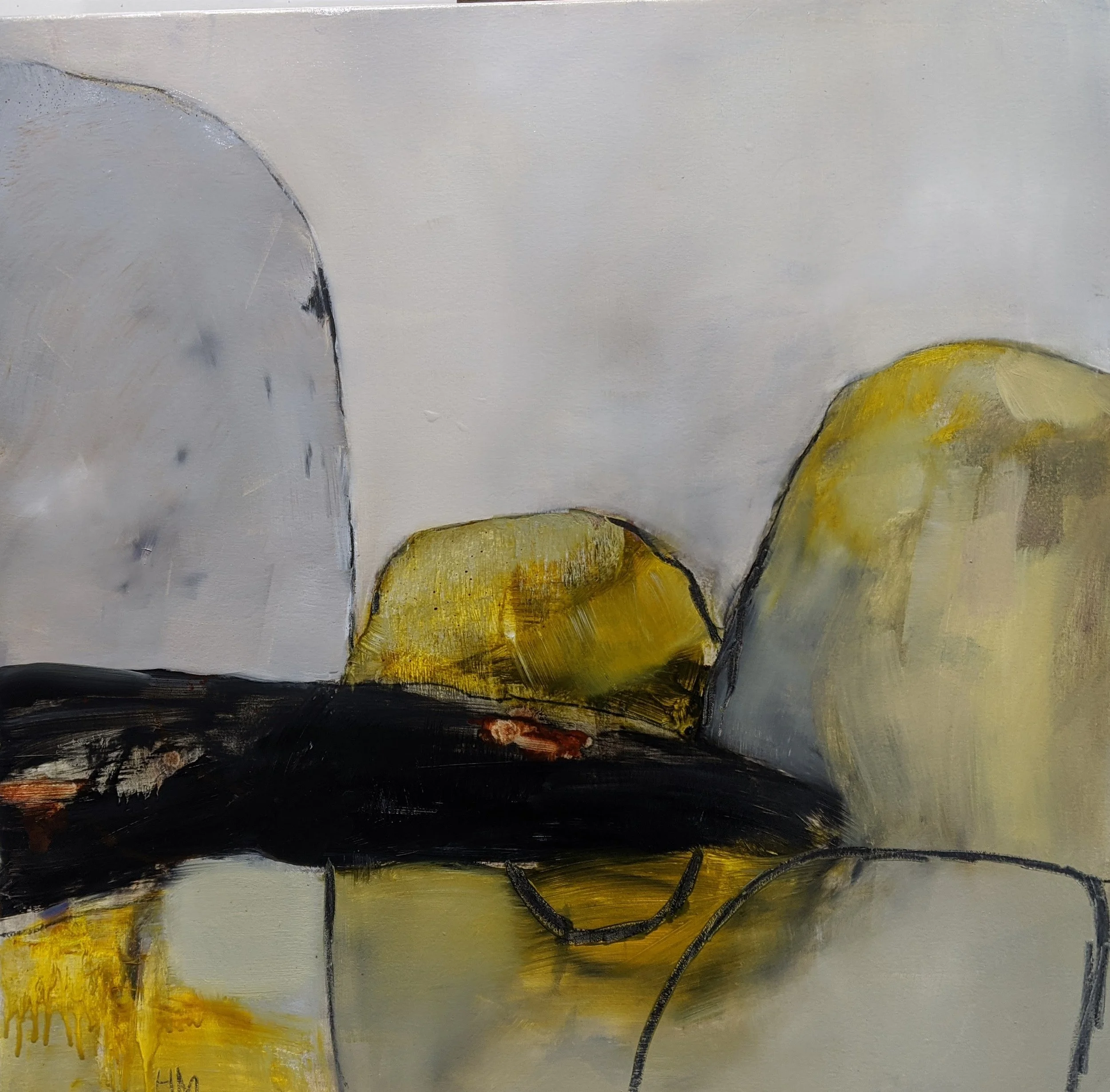 Abstract painting of three rocks, with two in shades of yellow and one in muted gray, against a light background, with black, yellow, and gray lines and accents.