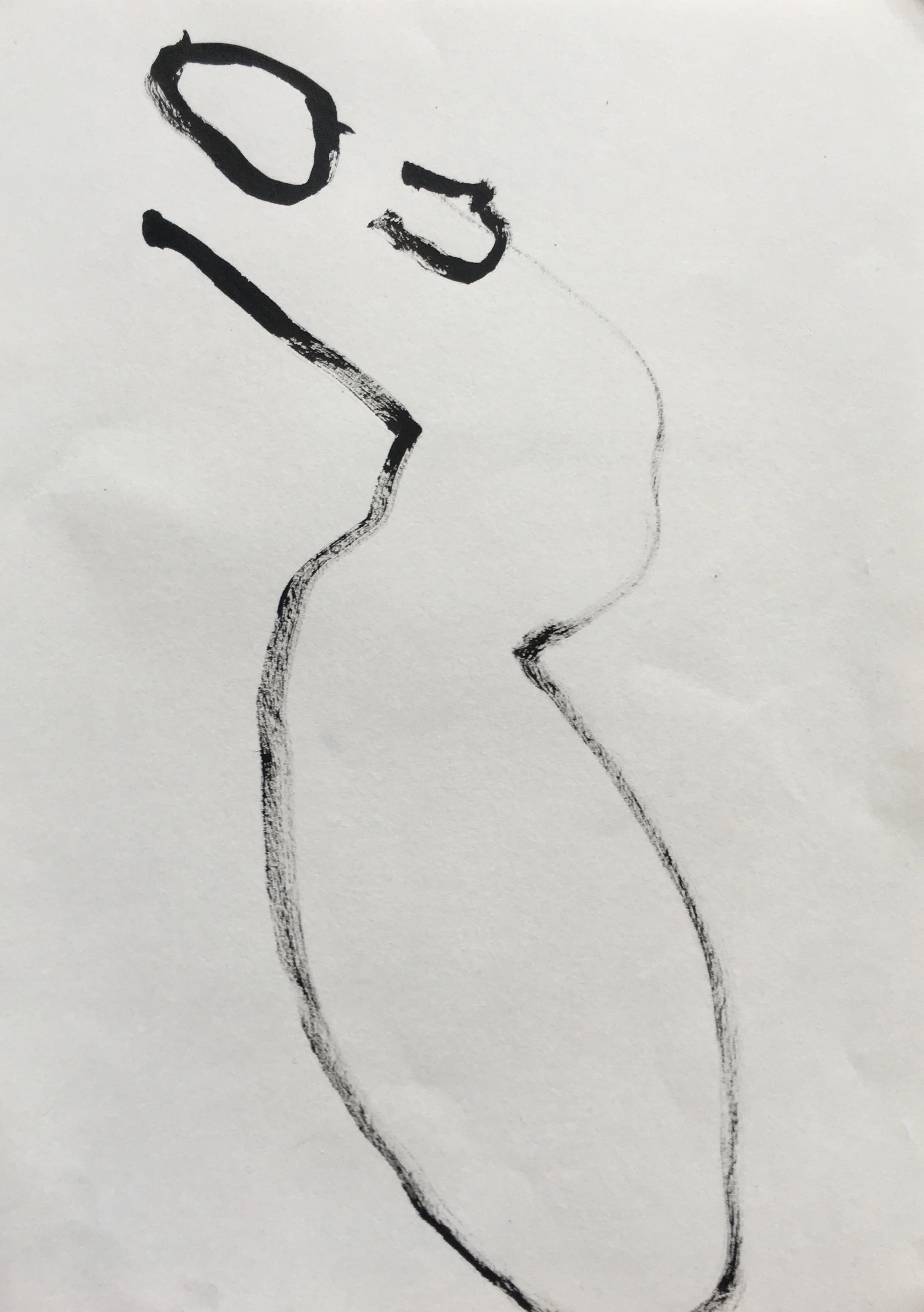 Minimalist black ink outline of a woman's side profile with her hand near her face.