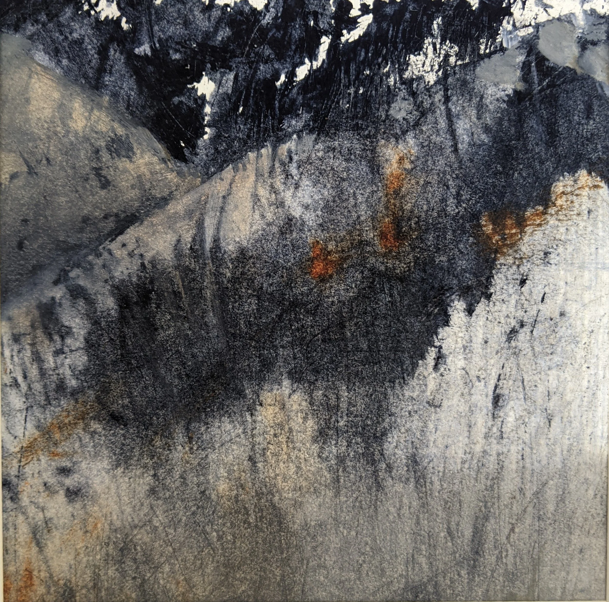 Abstract painting with dark and light shades, featuring black, gray, and hints of orange and white colors.
