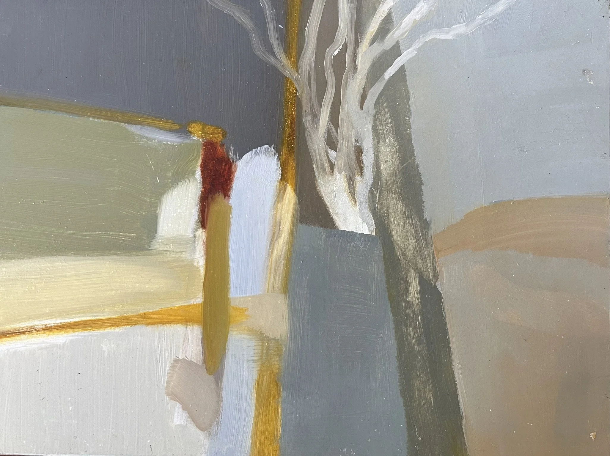 Abstract painting with vertical and horizontal strokes in shades of gray, white, beige, yellow, and hints of red. The composition includes a mix of bold and subtle brushstrokes creating an angular, geometric appearance.