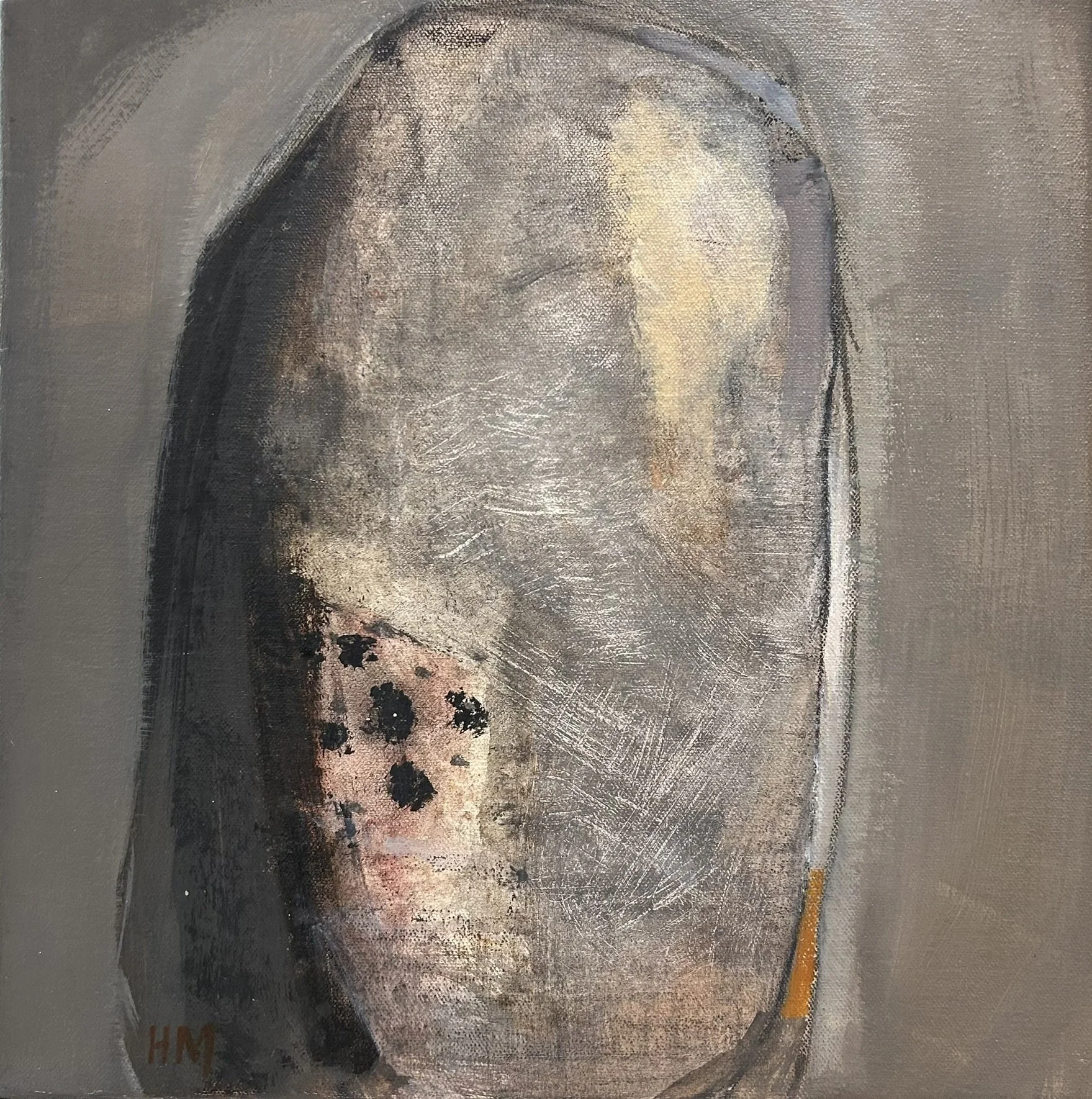 A portrait painting of a faceless person with black spots on the lower part of the face, set against a muted background.