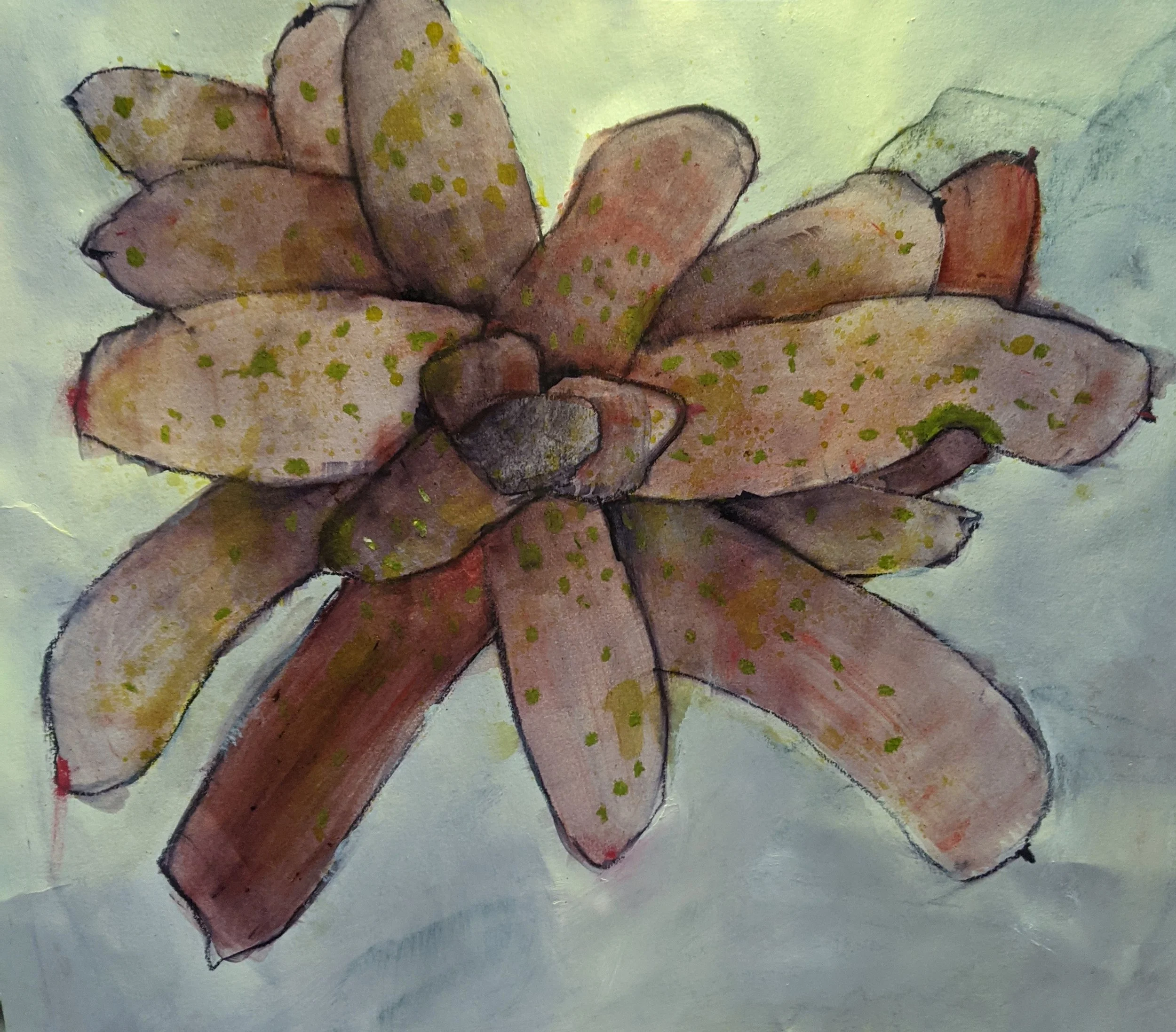 Watercolor painting of a potted plant with long, narrow green leaves.