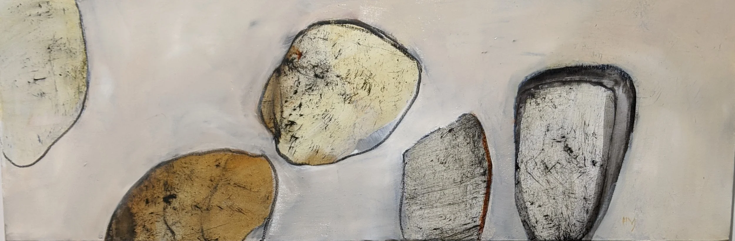 Abstract painting of several large, textured stones or rocks with neutral tones of beige, gray, black, and hints of orange, set against a light background.
