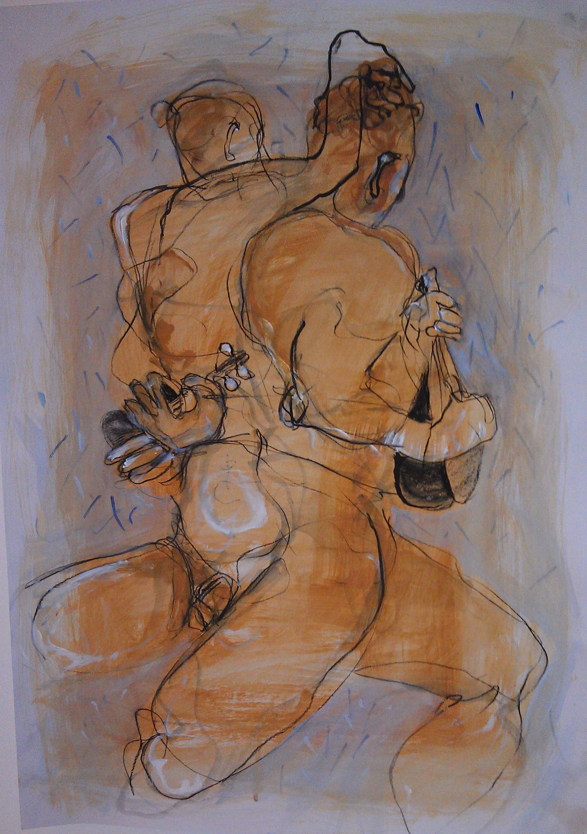 A line drawing of two nude figures, one seated and the other standing behind, set against a beige background with subtle blue marks.