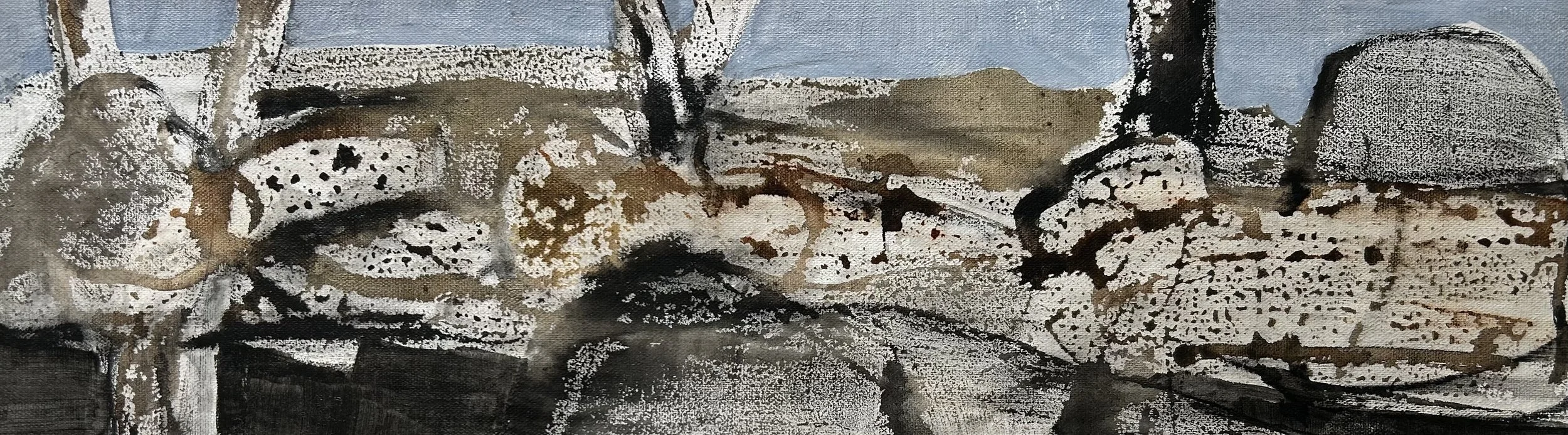 Abstract painting of a landscape with mountains, cacti, and a pale blue sky.