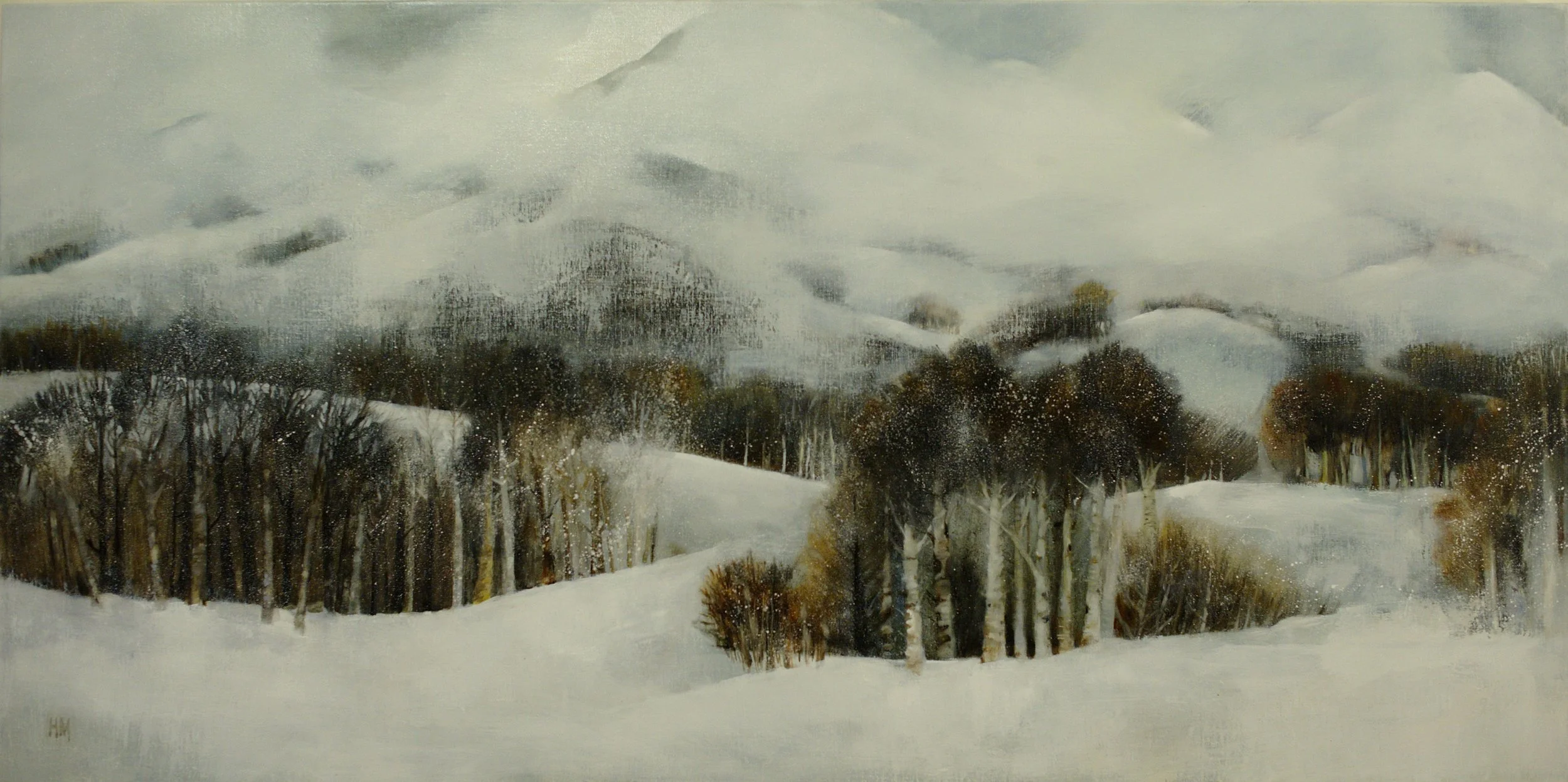 A painting of a winter landscape with snow-covered ground, leafless trees, and distant snow-covered hills under a cloudy sky.