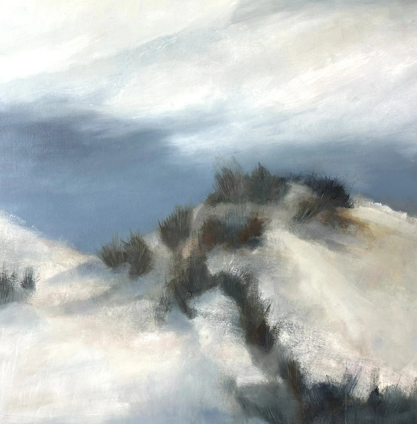 A landscape painting of a snowy hillside with patches of grass, under a cloudy sky.