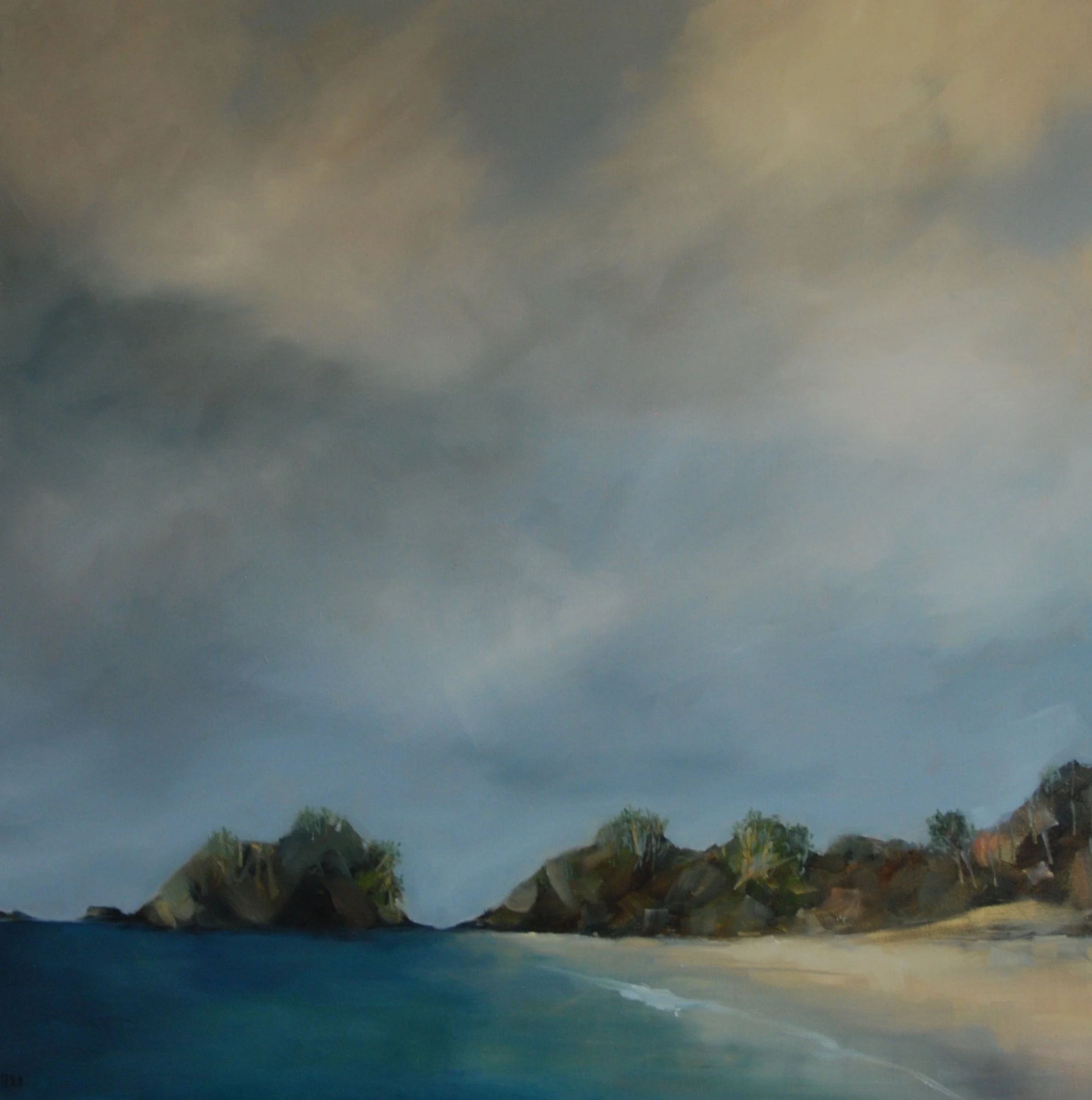 Painting of a cloudy sky over a rocky shoreline with trees and water.