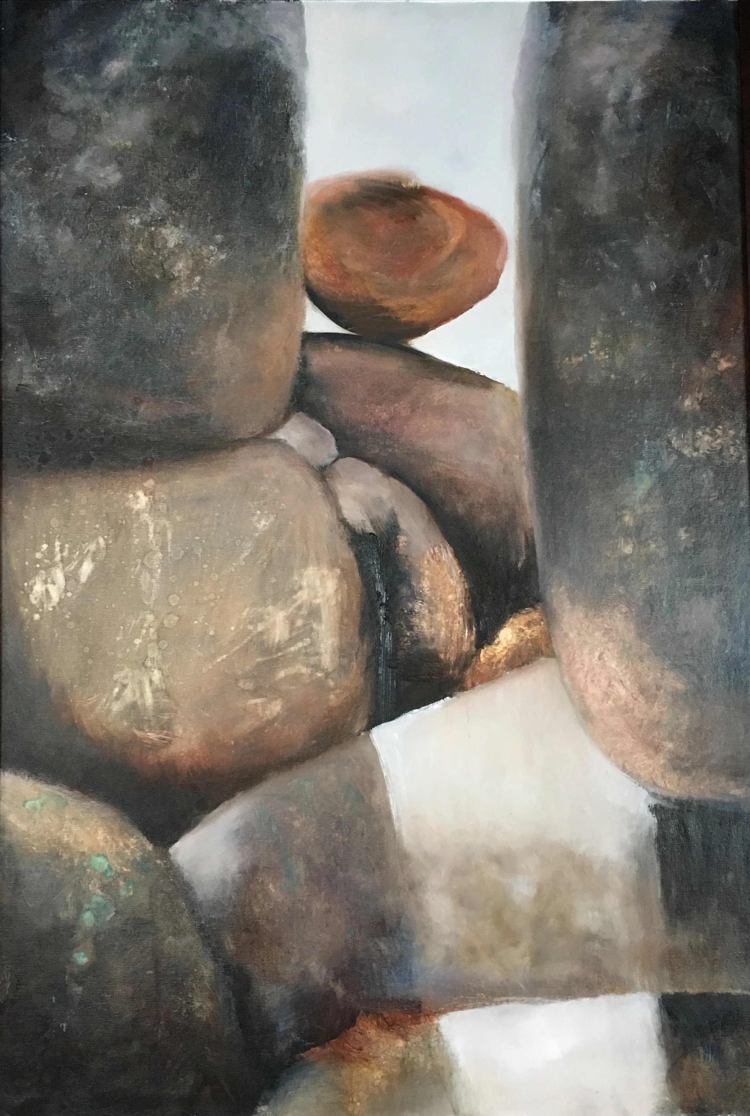 A painting of several tan and brown stones or rocks stacked closely together, with one stone balancing on top, against a light background.