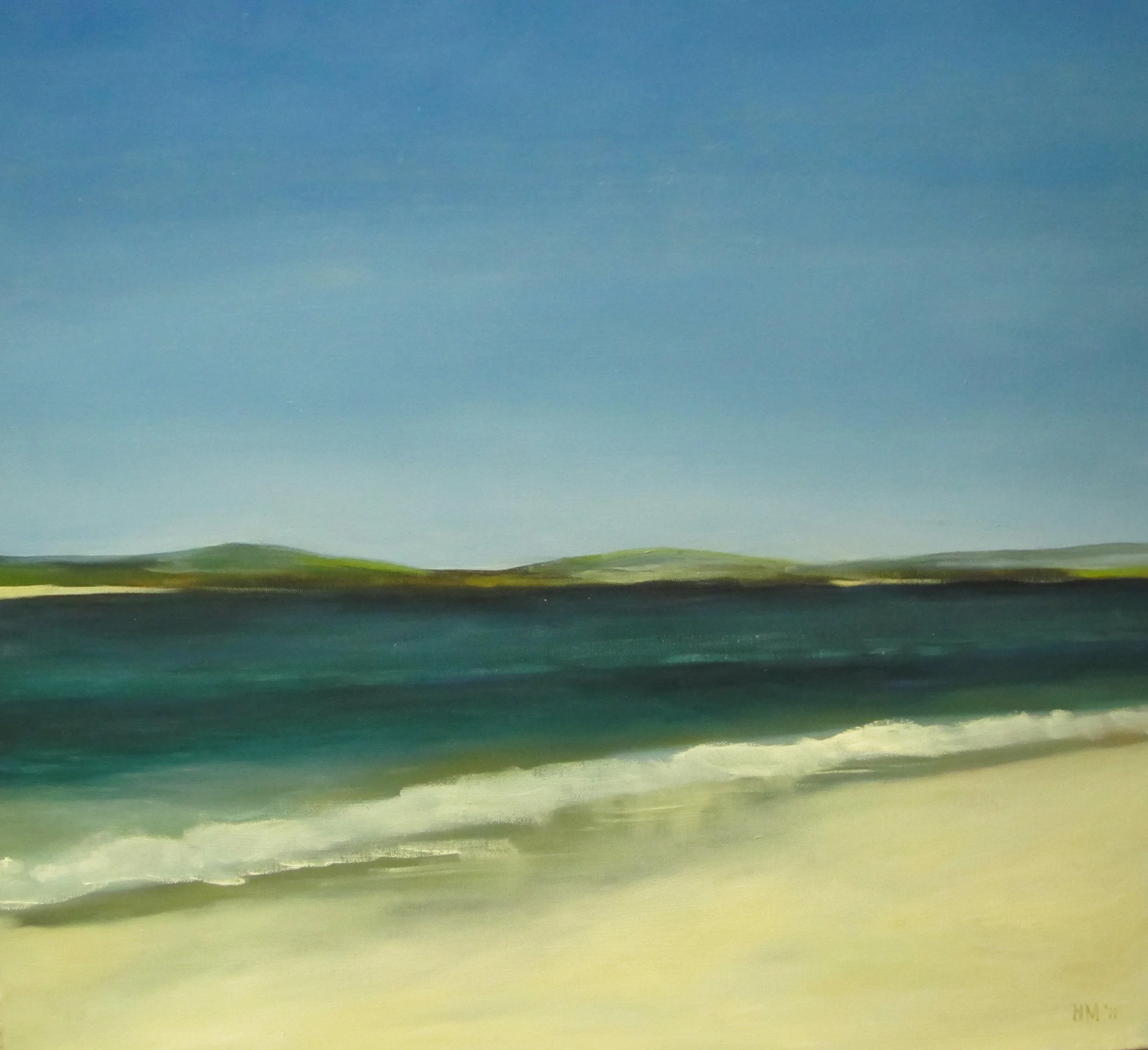 A painting of a calm beach scene with a sandy shore, turquoise water, and a clear blue sky with some clouds.