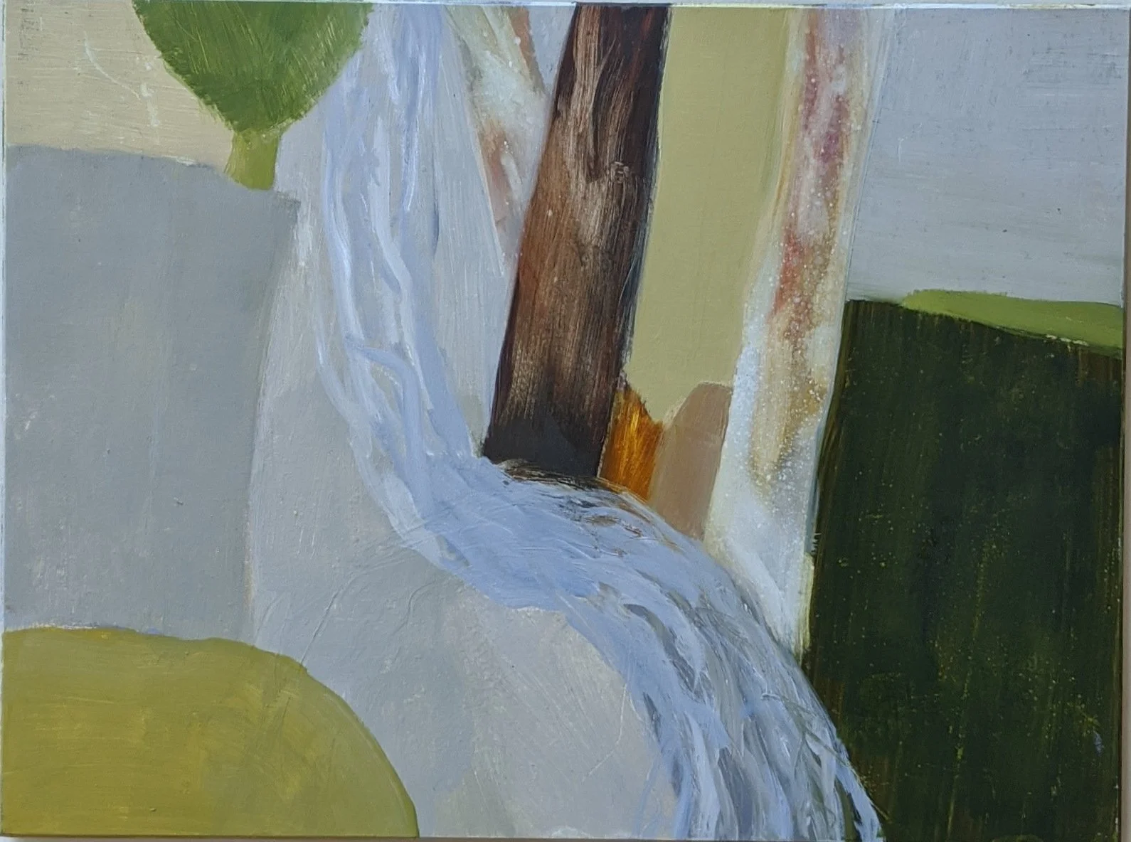 Abstract painting featuring flowing white and gray water, green, beige, and brown geometric shapes, and textured layered brushstrokes.