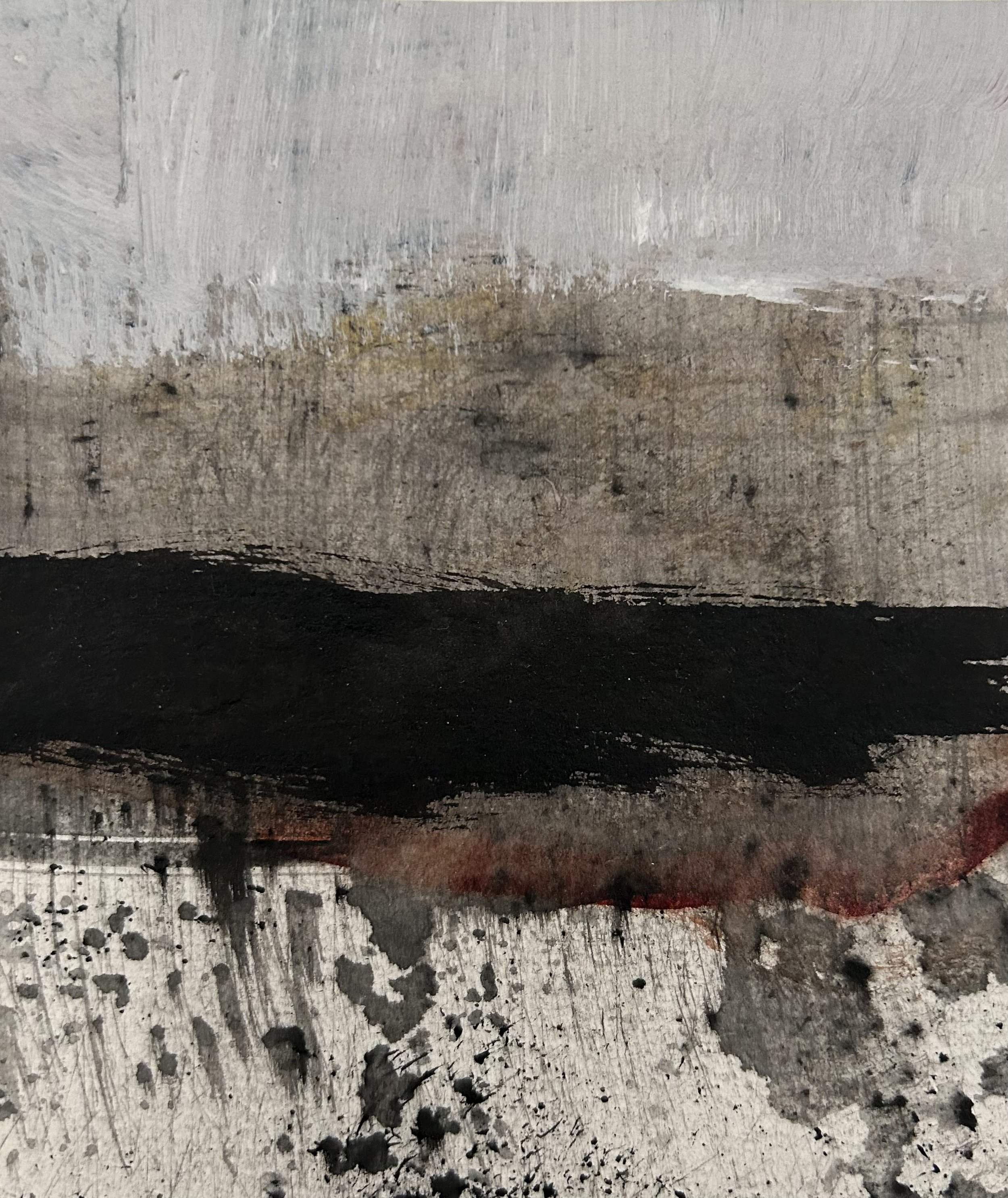 An abstract painting with black, gray, and red streaks and splatters.