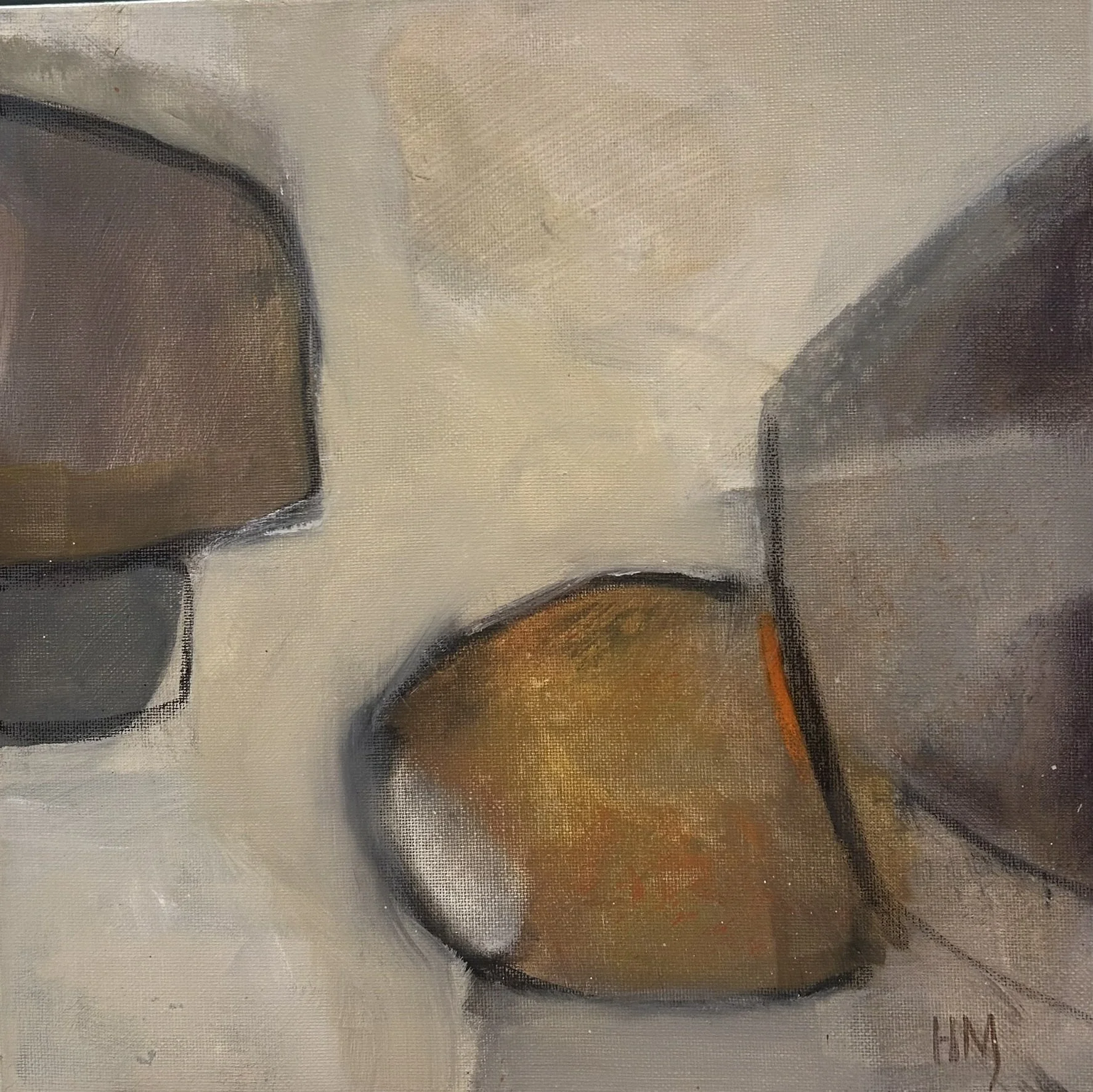 Abstract painting of three cups and a slice of orange or pumpkin on a white surface, signed 'H M' in the bottom right corner.