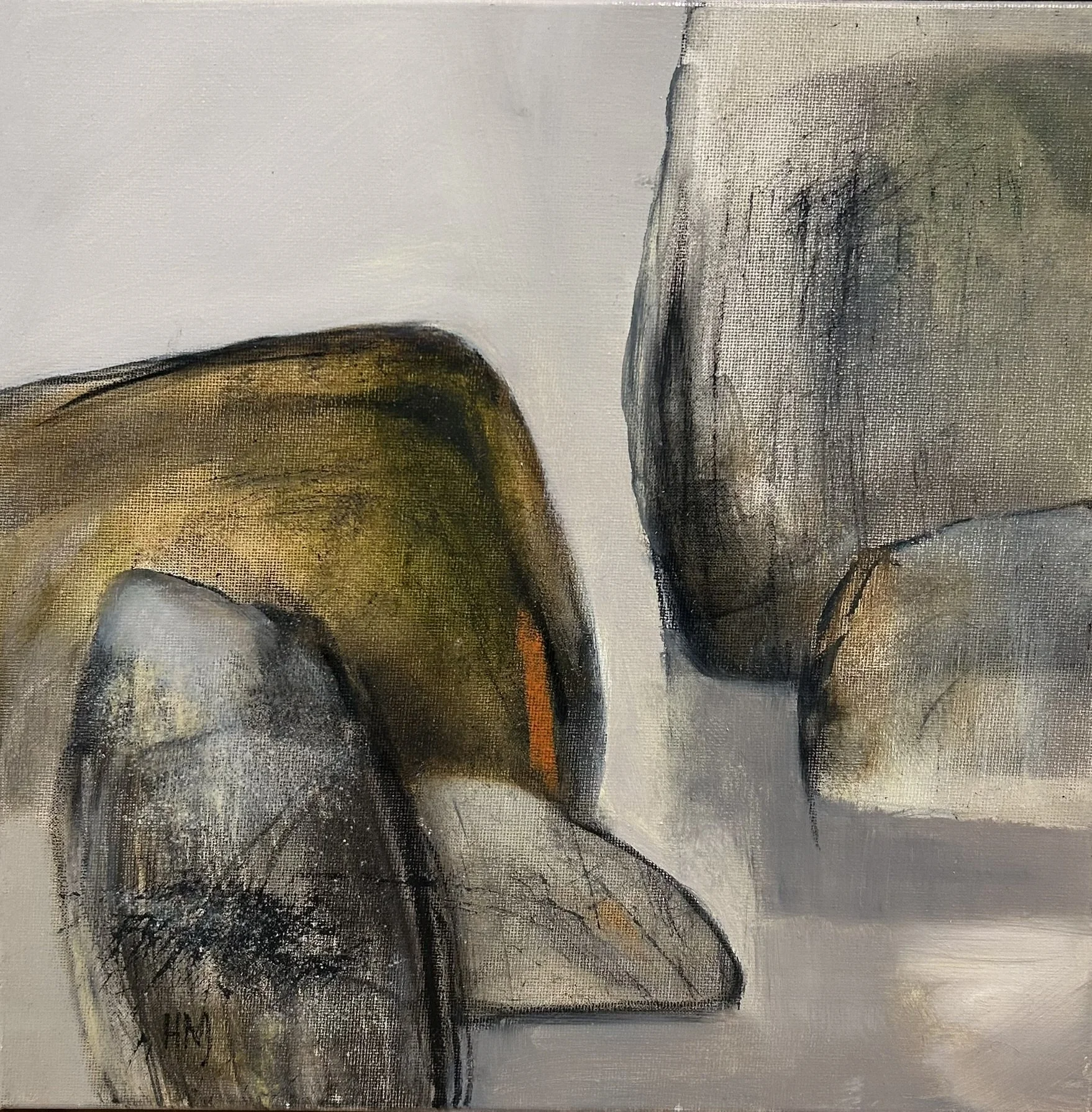 An abstract painting of rounded, irregular rocks in shades of gray, brown, and black, with textured brushstrokes and a light background.