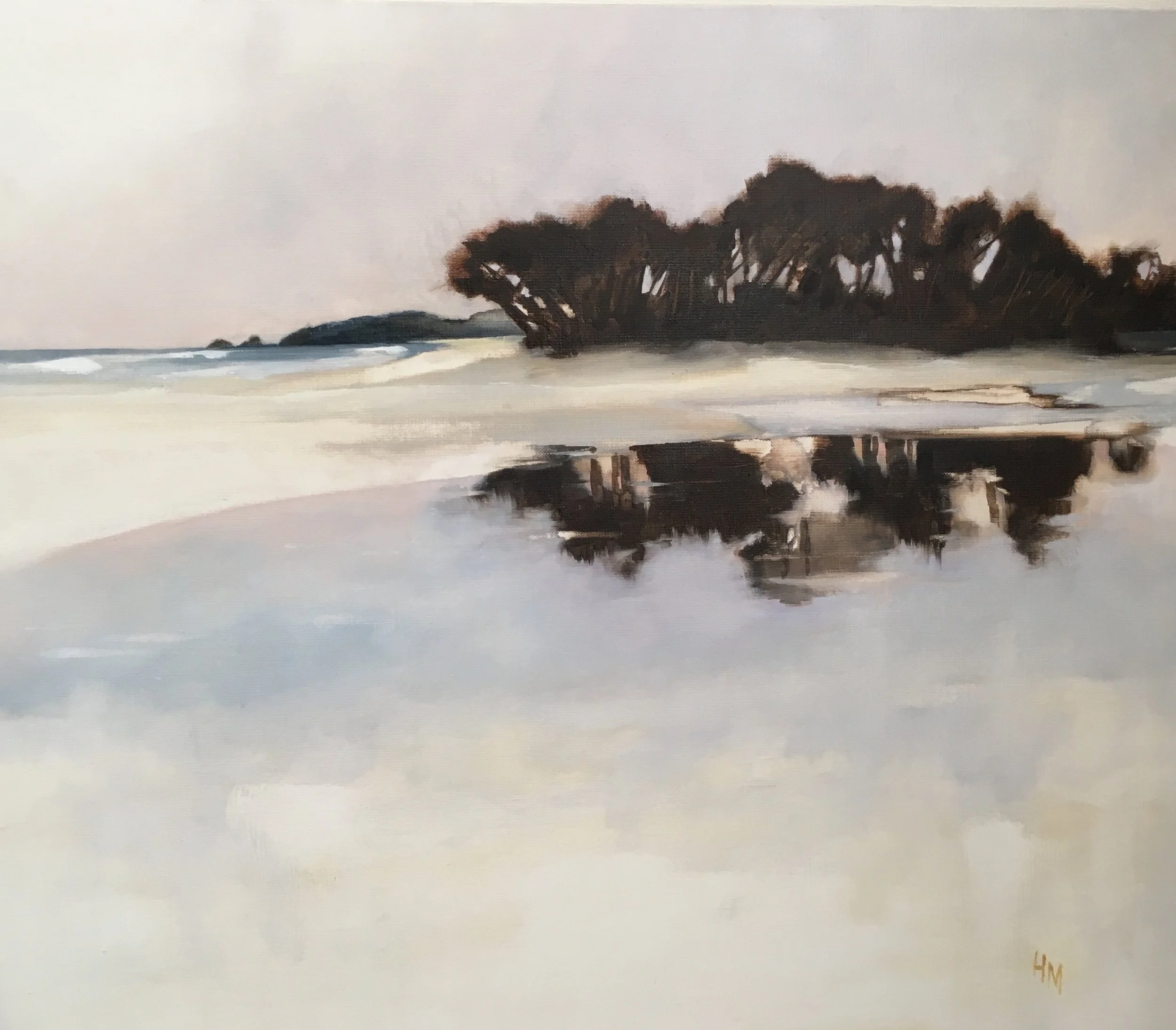 A painting of a beach landscape with a group of trees and their reflection in the shallow water.