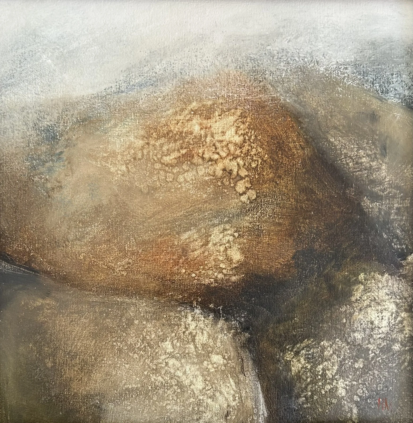 Abstract painting with textured layers of gold, bronze, and black colors.