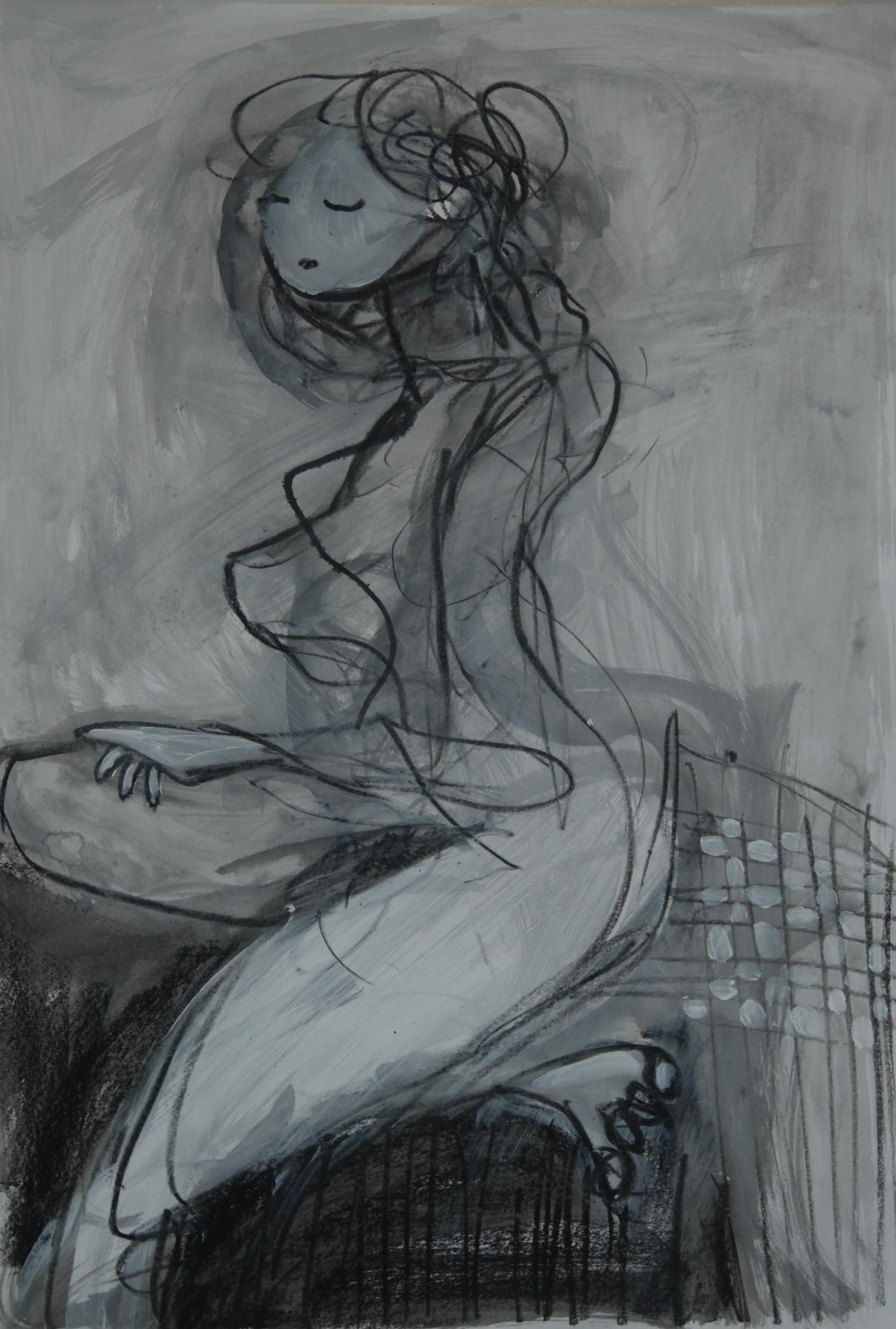 Black and white abstract drawing of a woman with long hair, kneeling with one hand on a skateboard, with a grid-like pattern on the right side.