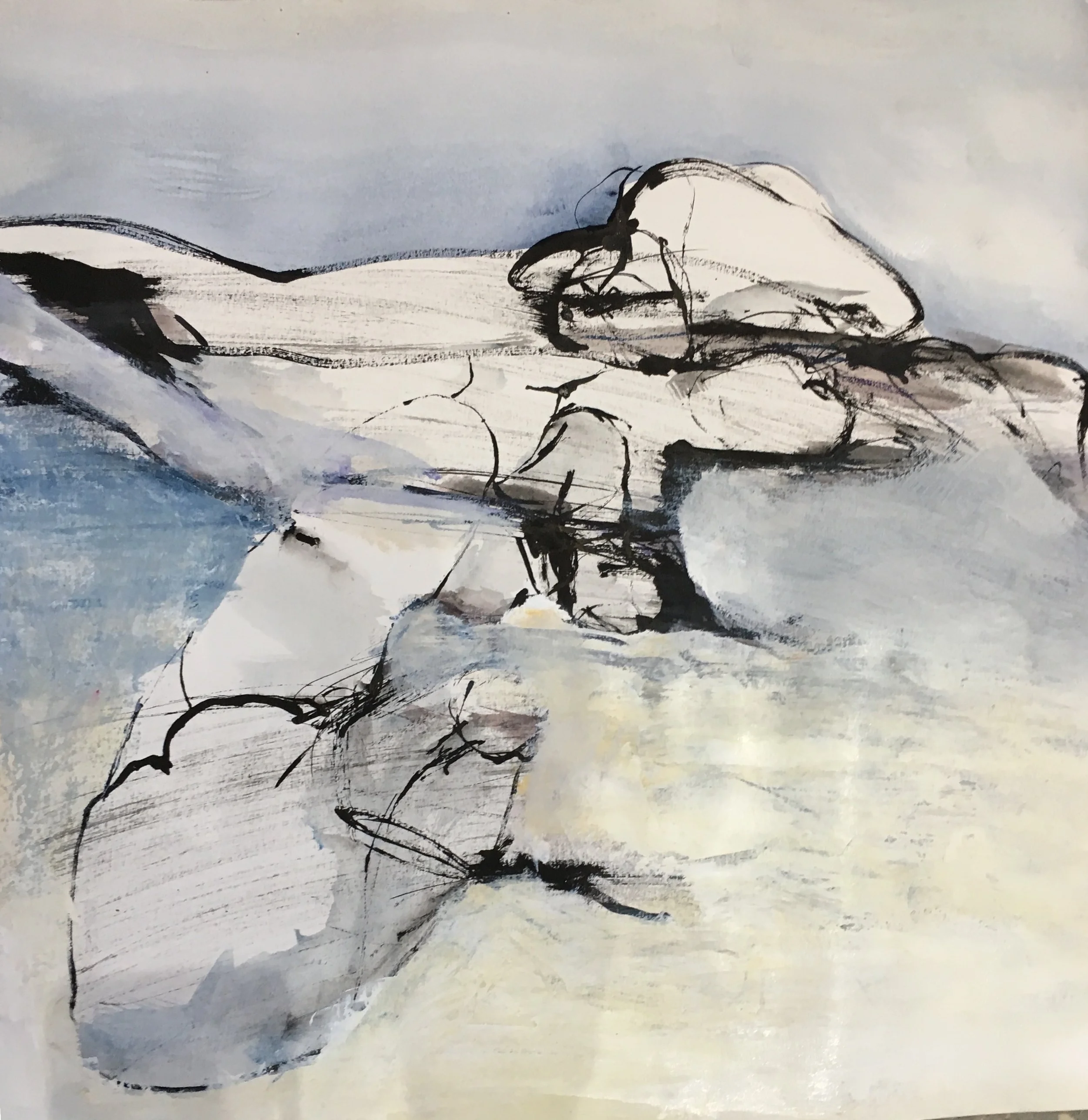 Abstract painting of rocks and water with black, white, gray, and light blue colors.