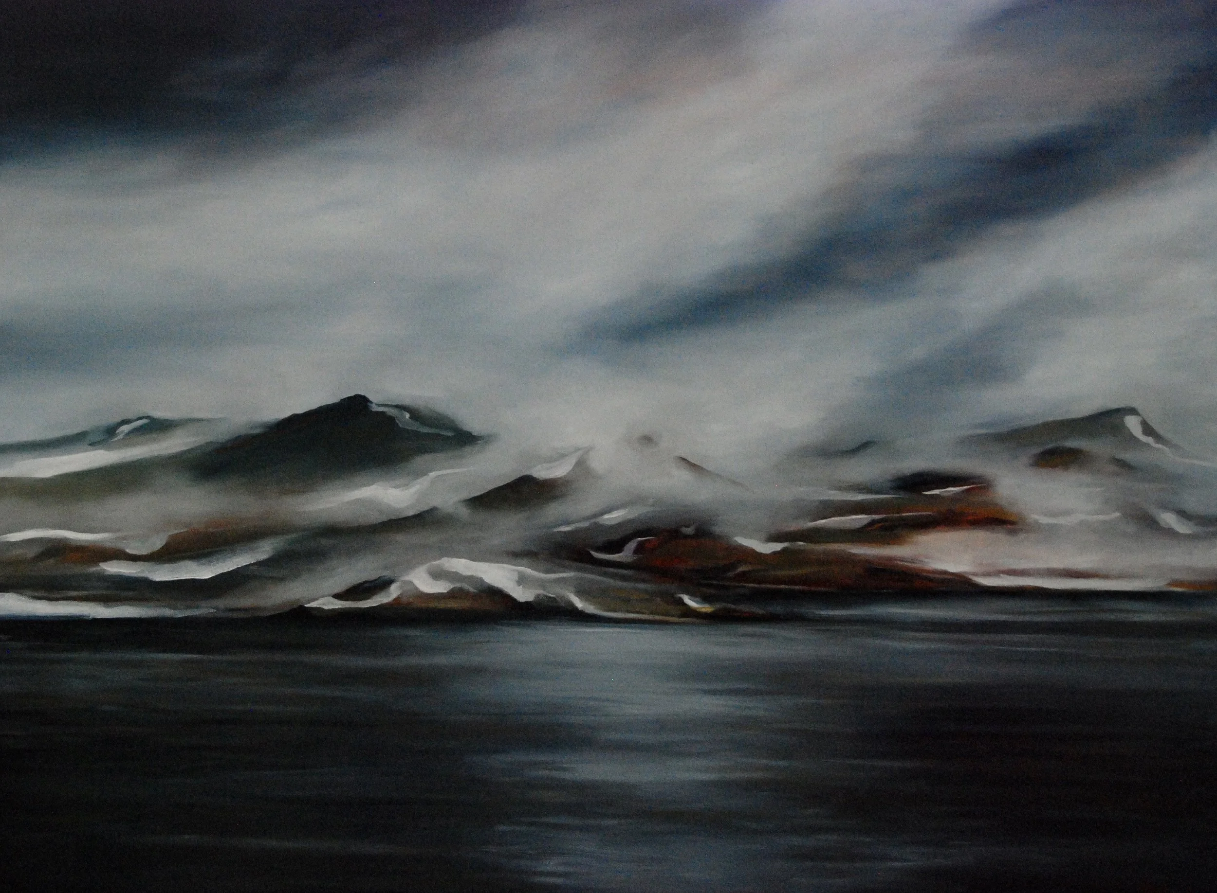 Abstract landscape painting of a mountain range with dark and muted colors, cloudy sky, and a reflective body of water in the foreground.