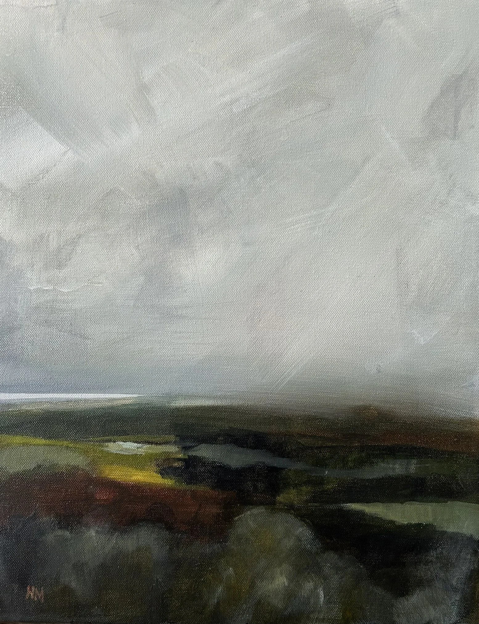 An abstract landscape painting with a cloudy sky and a green field with distant trees and rocks.