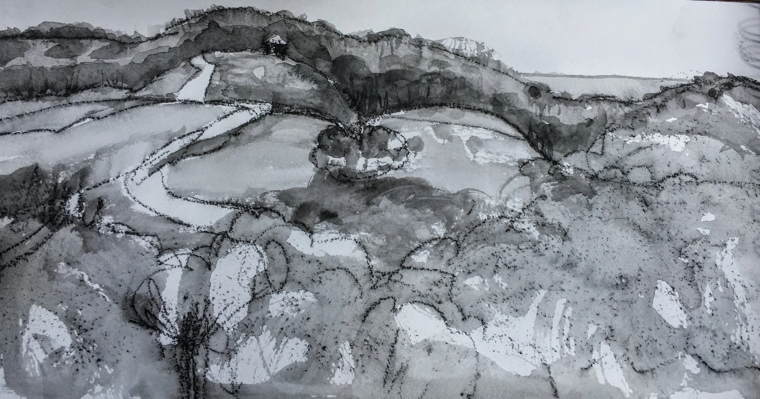 A black and white abstract painting of a mountainous landscape with a river flowing through it.