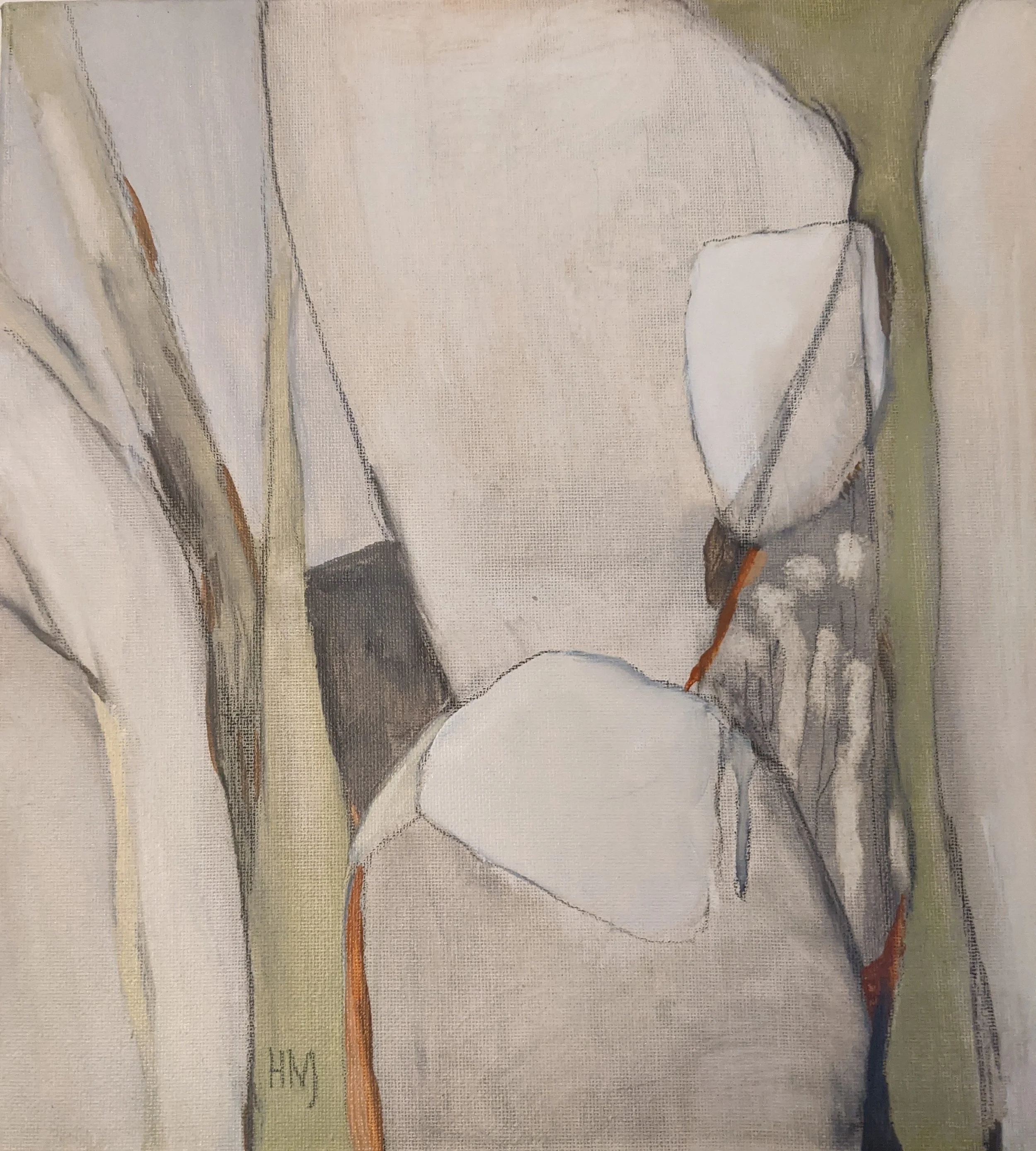 A painting of an abstract floral scene with white flowers, green stems, and brown accents.