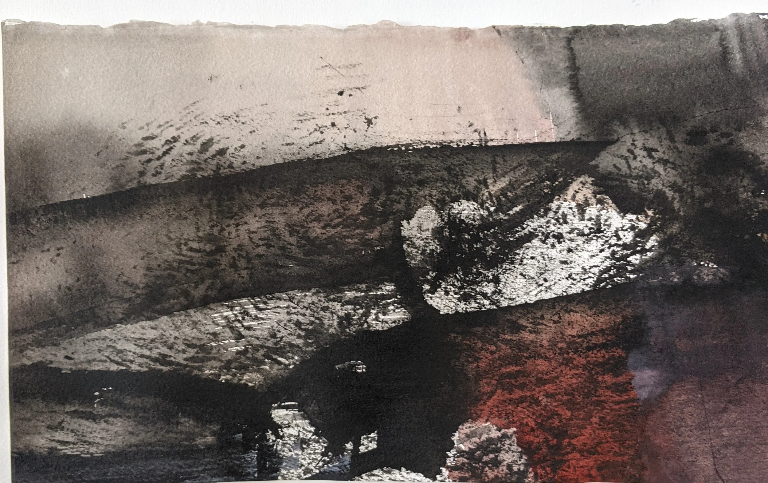 Abstract painting with dark shadows and light highlights, and a hint of red color at the bottom right.