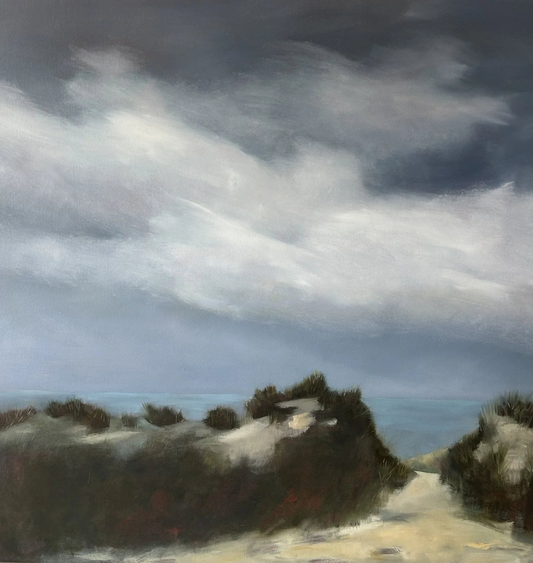 A painting of a coastal landscape with a cloudy sky, rocky shoreline, and sparse vegetation.
