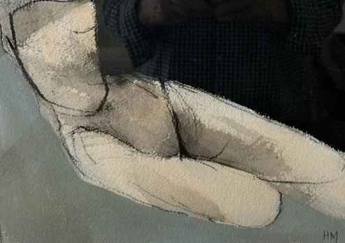 Sketch of a human figure lying down. The drawing highlights the torso, arm, and side of the body in a minimalist style.