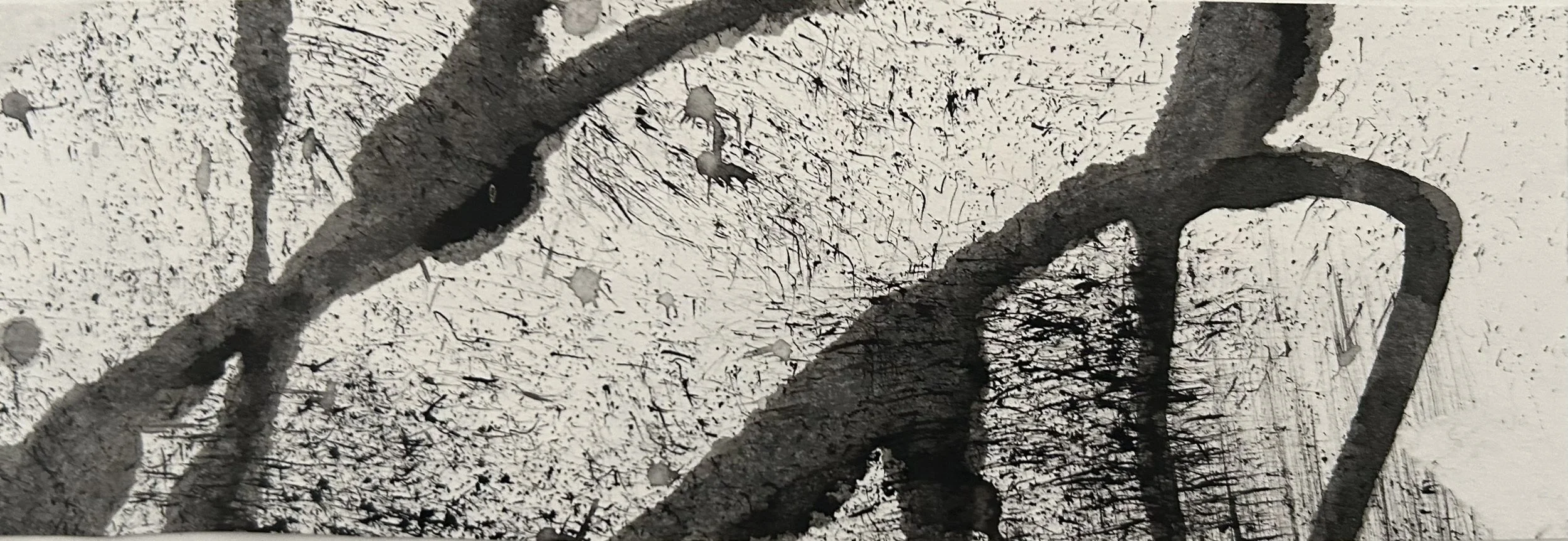 Black ink sketch against a white background, with ink splatters and textured strokes.