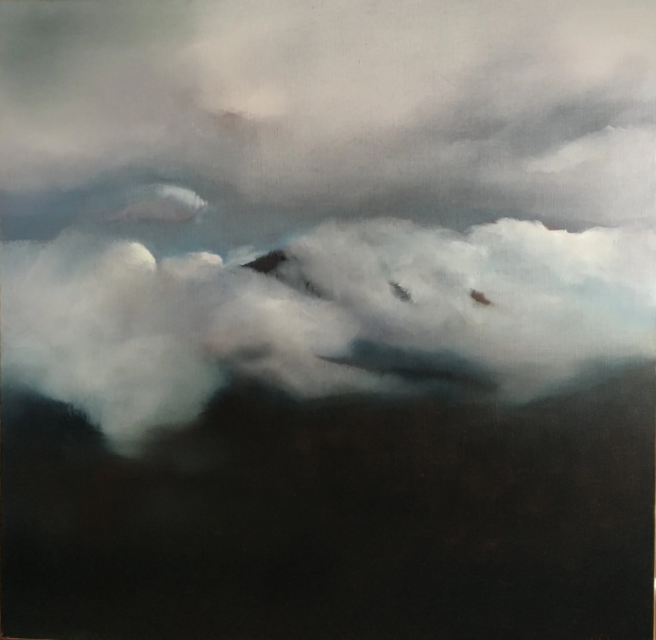 Painting of a mountain landscape with clouds and mist.