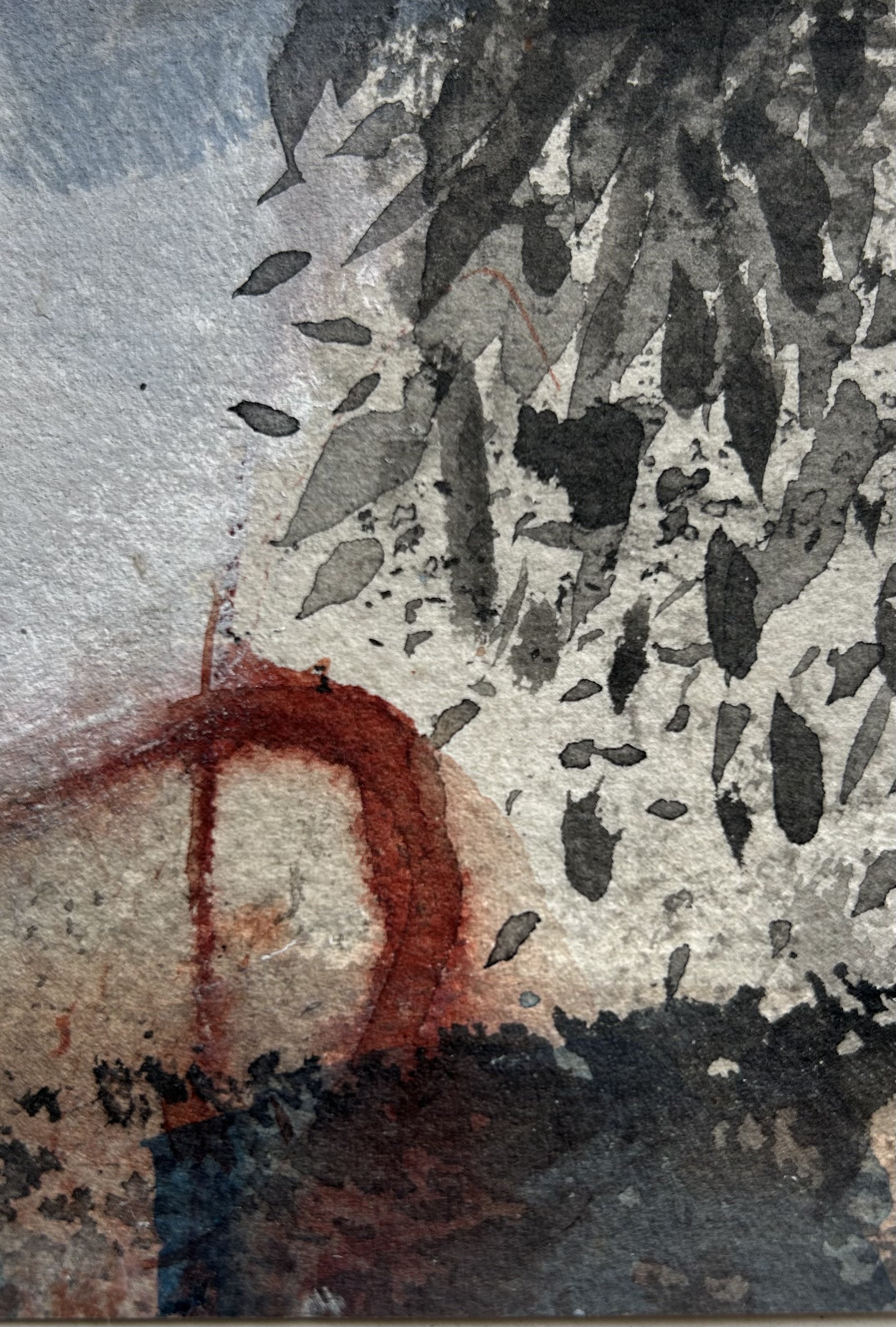 An abstract painting with black shapes at the top right, and red spray-painted abstract shapes at the bottom left.