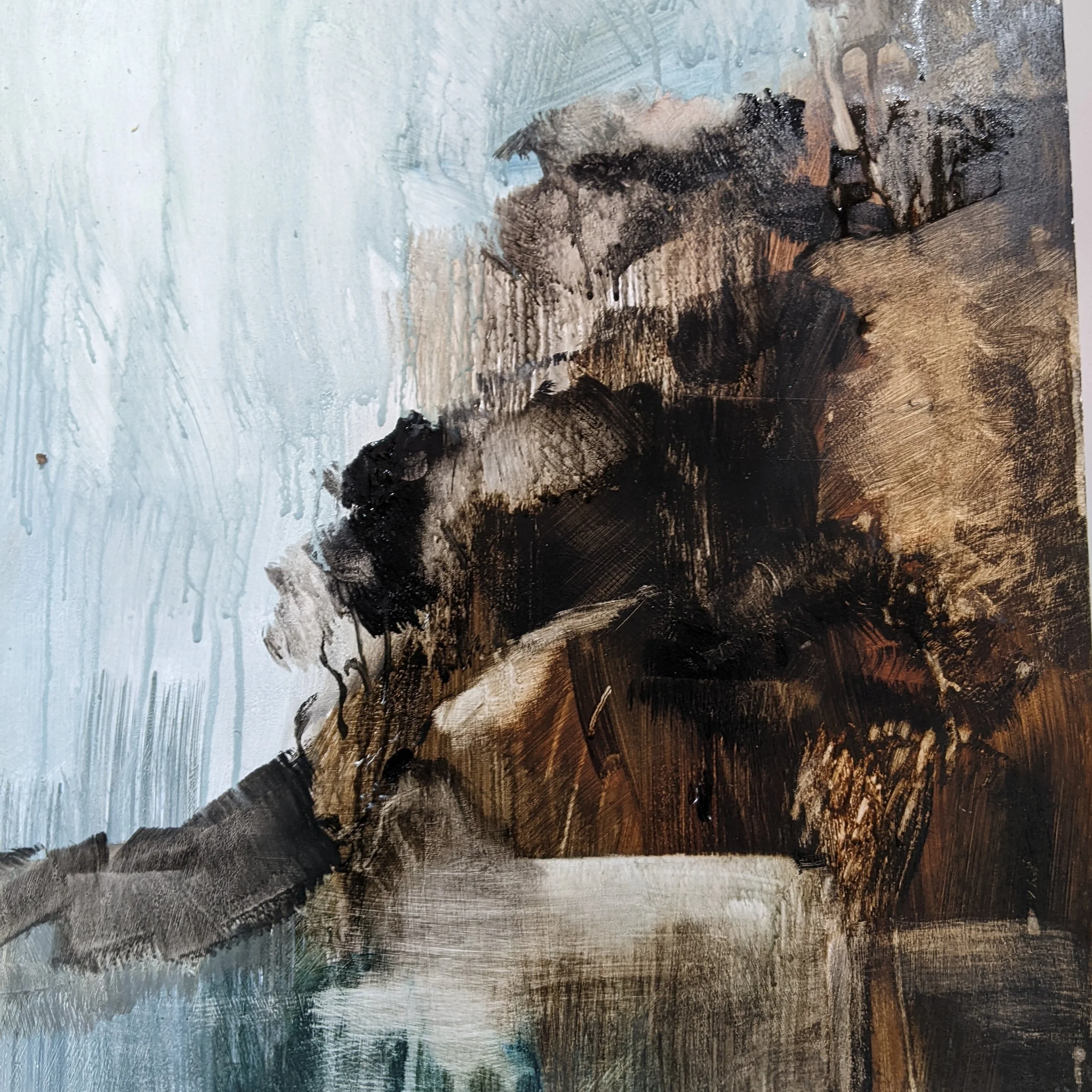 Abstract painting using dark and earth tones with a blue background.