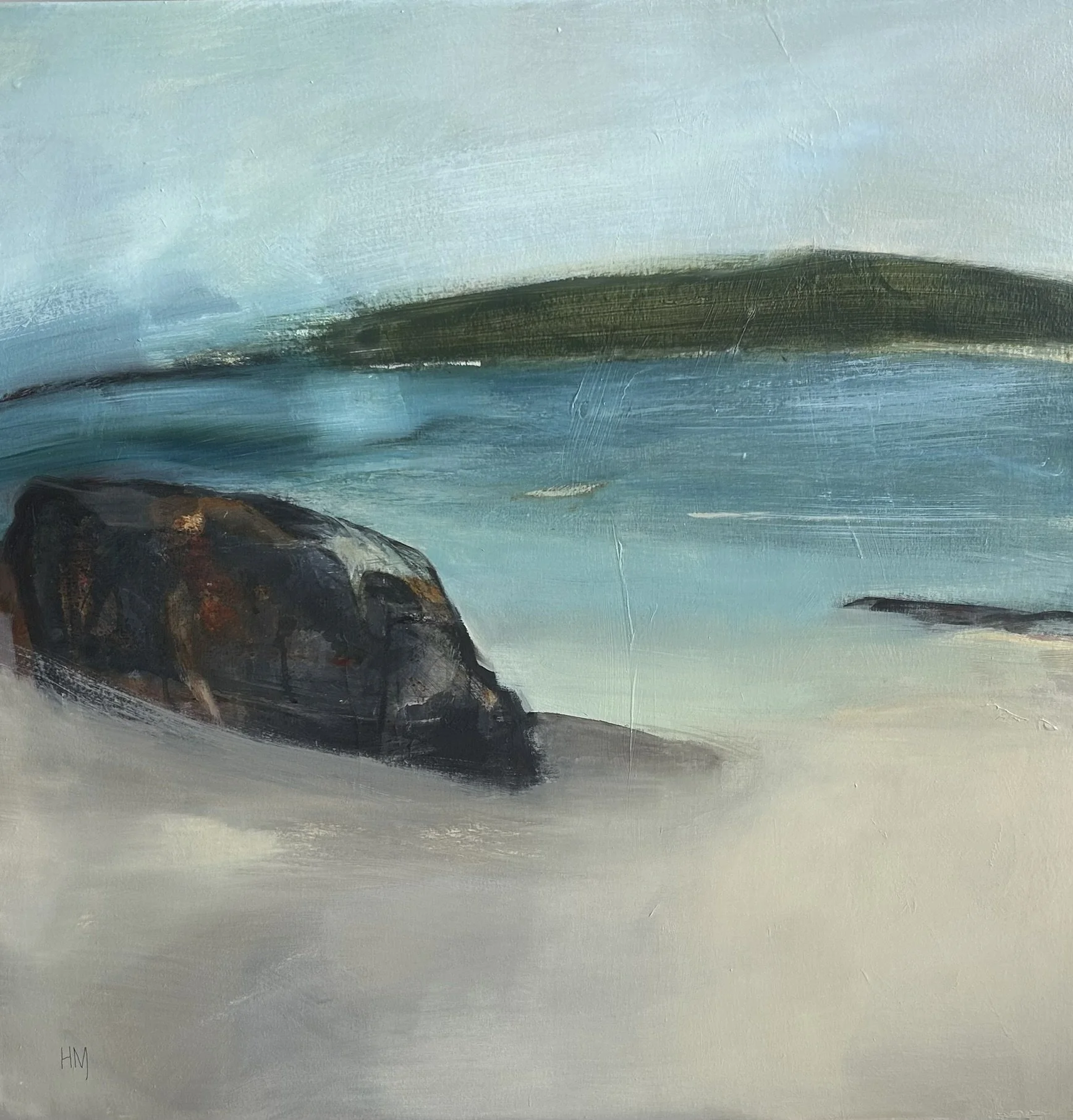 A landscape painting depicting a shoreline with a large rock in the foreground, a body of water, distant hills, and a sky with light clouds.