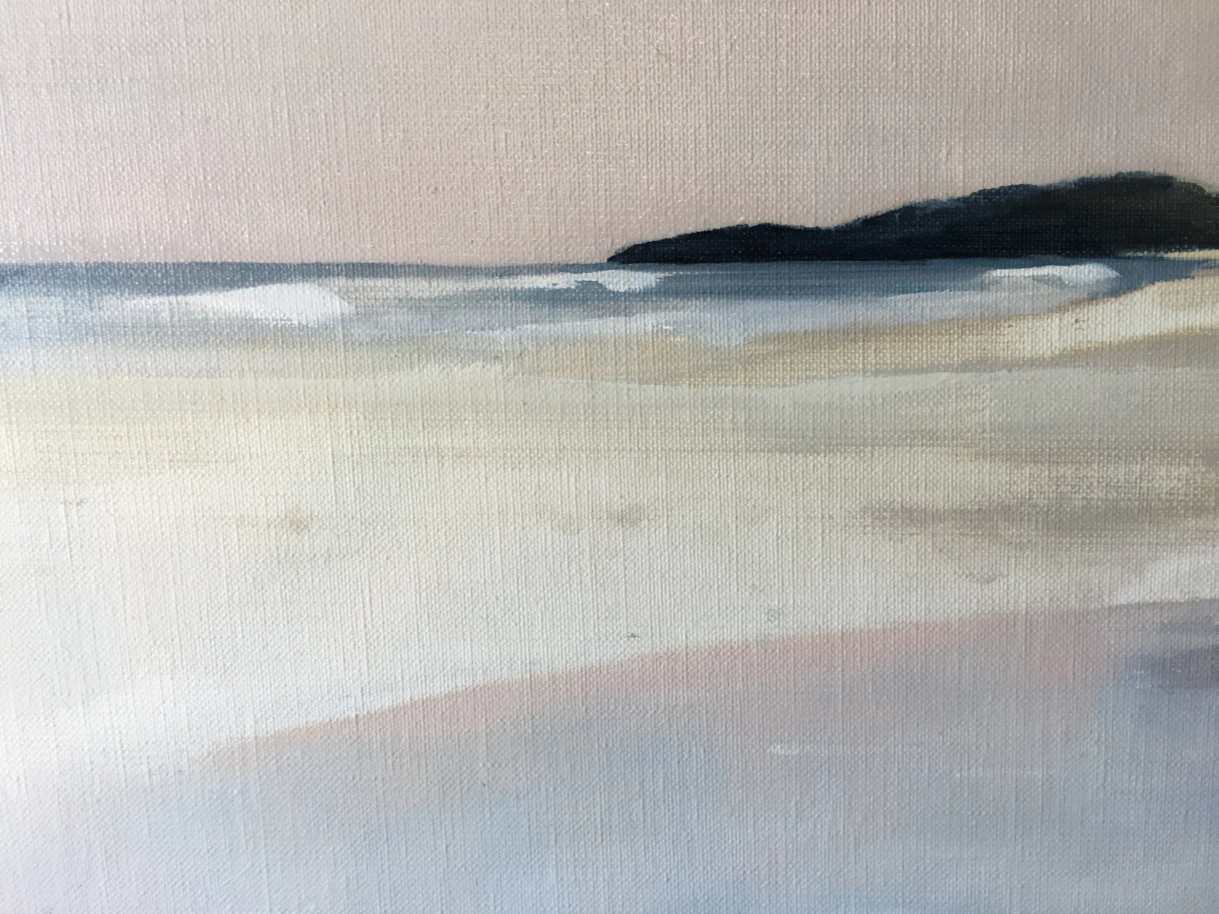 A landscape painting of a beach with distant hills or cliffs, waves, and sand in soft, muted colors.