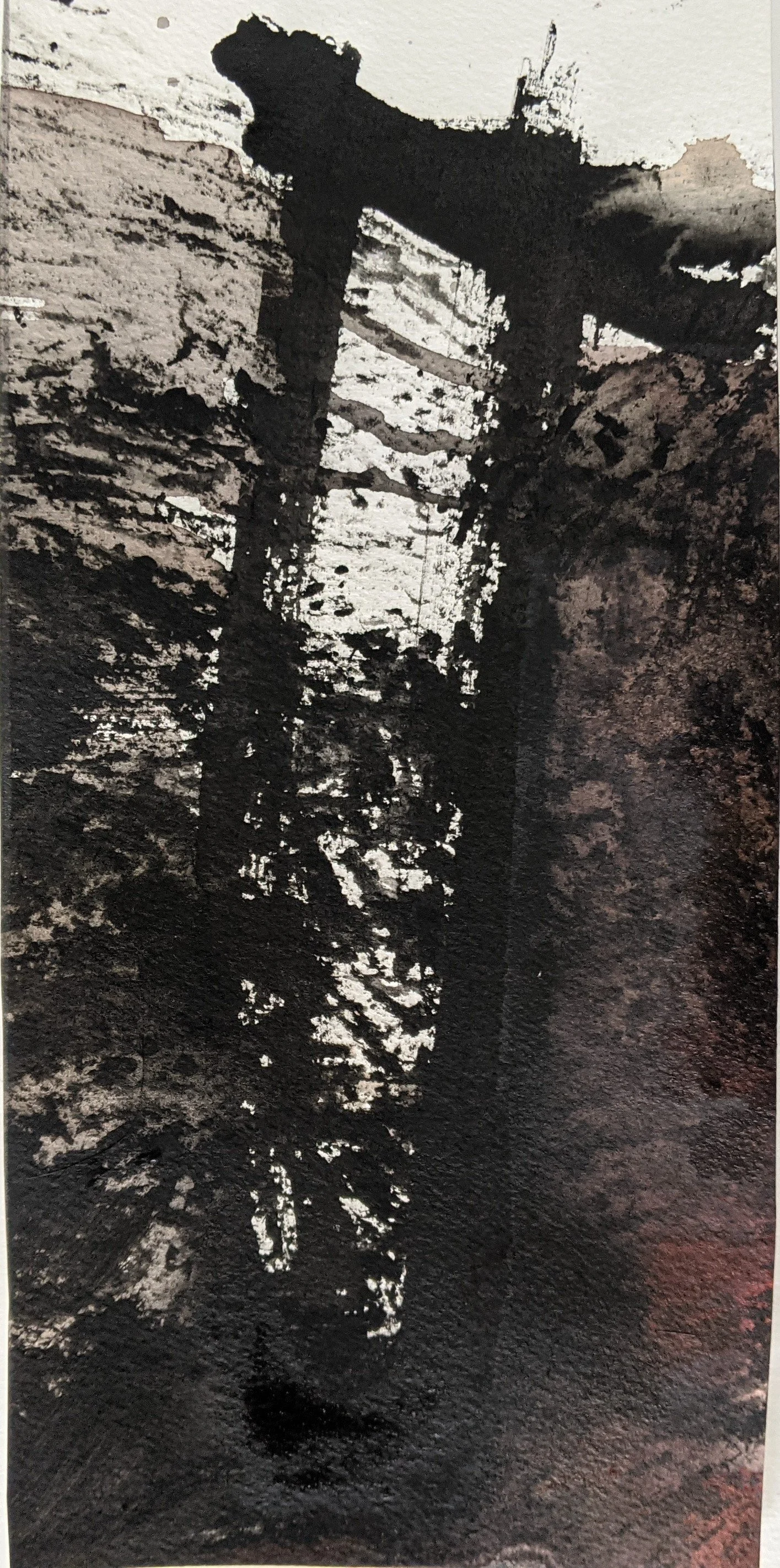 An abstract painting with dark moody ink lines.