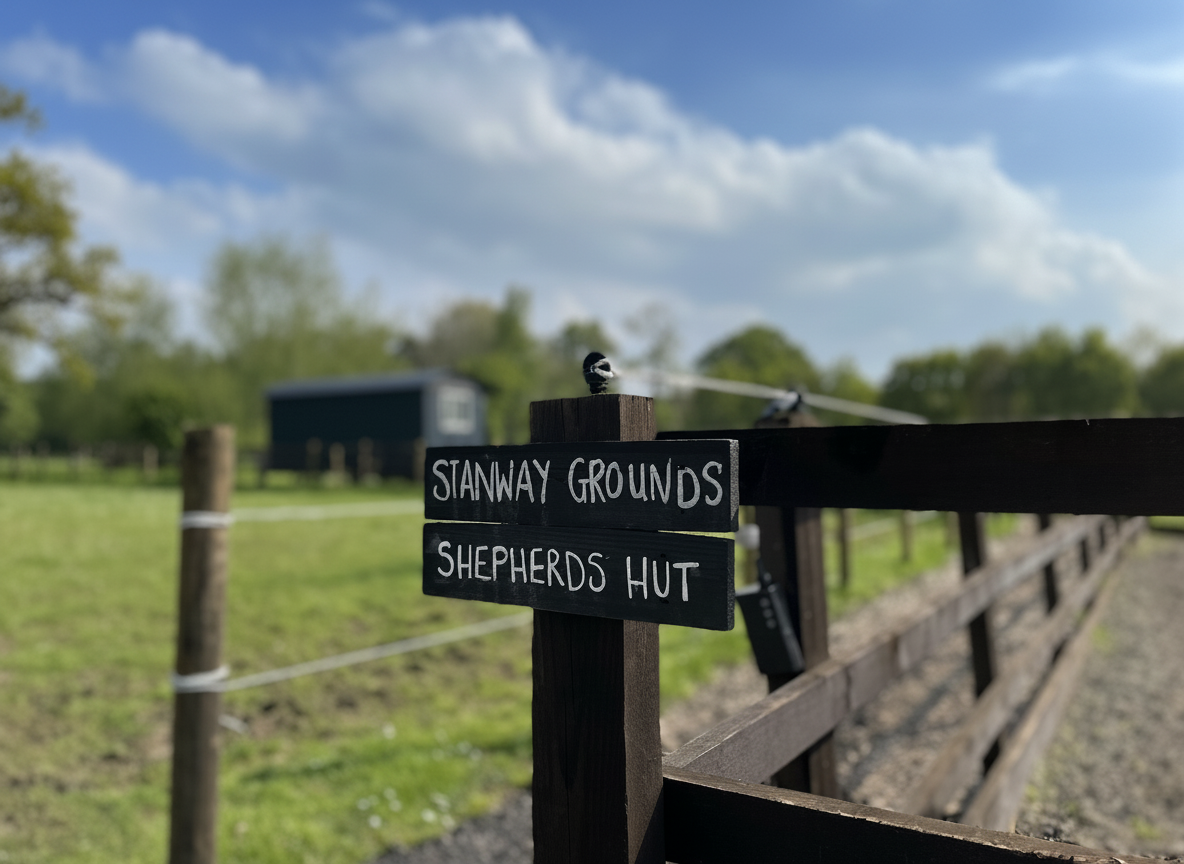 A wooden signpost with two black signs reading "Stannway Grounds" and "Shepherds Hut" in a green outdoor setting with a fence, trees, and a cloudy sky in the background.