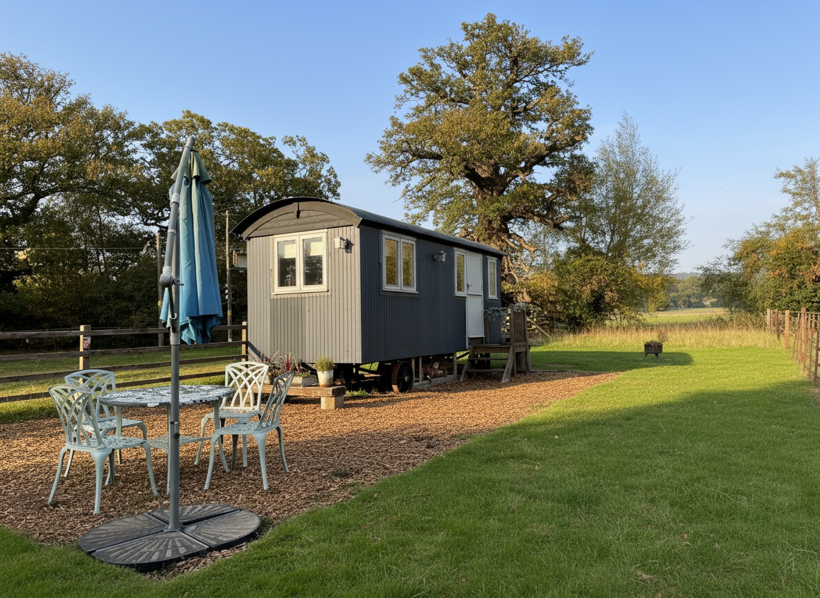 A tiny house on wheels with a curved roof, situated outdoors in a grassy area with trees in the background. There is a patio with a round table, four chairs, and a closed umbrella.
