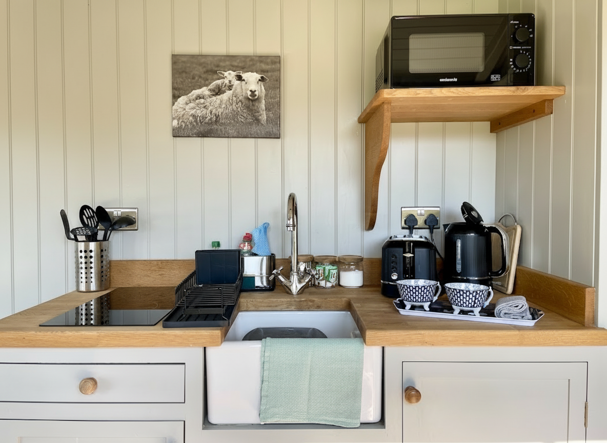 Small kitchenette with white cabinets, a wood countertop, a black microwave on a wall-mounted shelf, coffee maker, kettle, cups, and small kitchen utensils, with a black and white sheep photograph on the wall.
