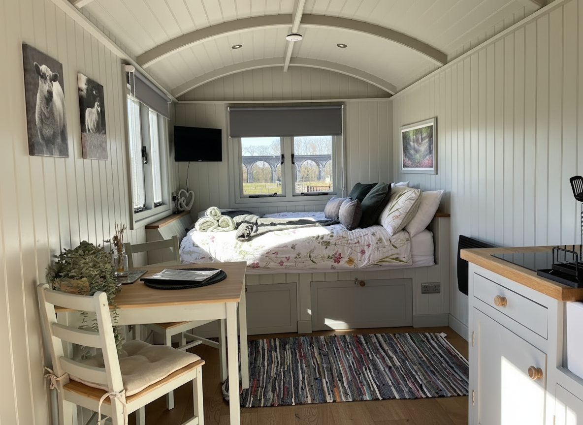 Interior of a small cozy room with a bed under a window, decorated with a floral bedspread, surrounded by multiple pillows. A small dining table with two chairs is on the left, with decorative items on it, and a multicolored rug on the wooden floor. The room has white paneled walls and ceiling, with a small TV mounted on the wall, and artwork decorating the walls.