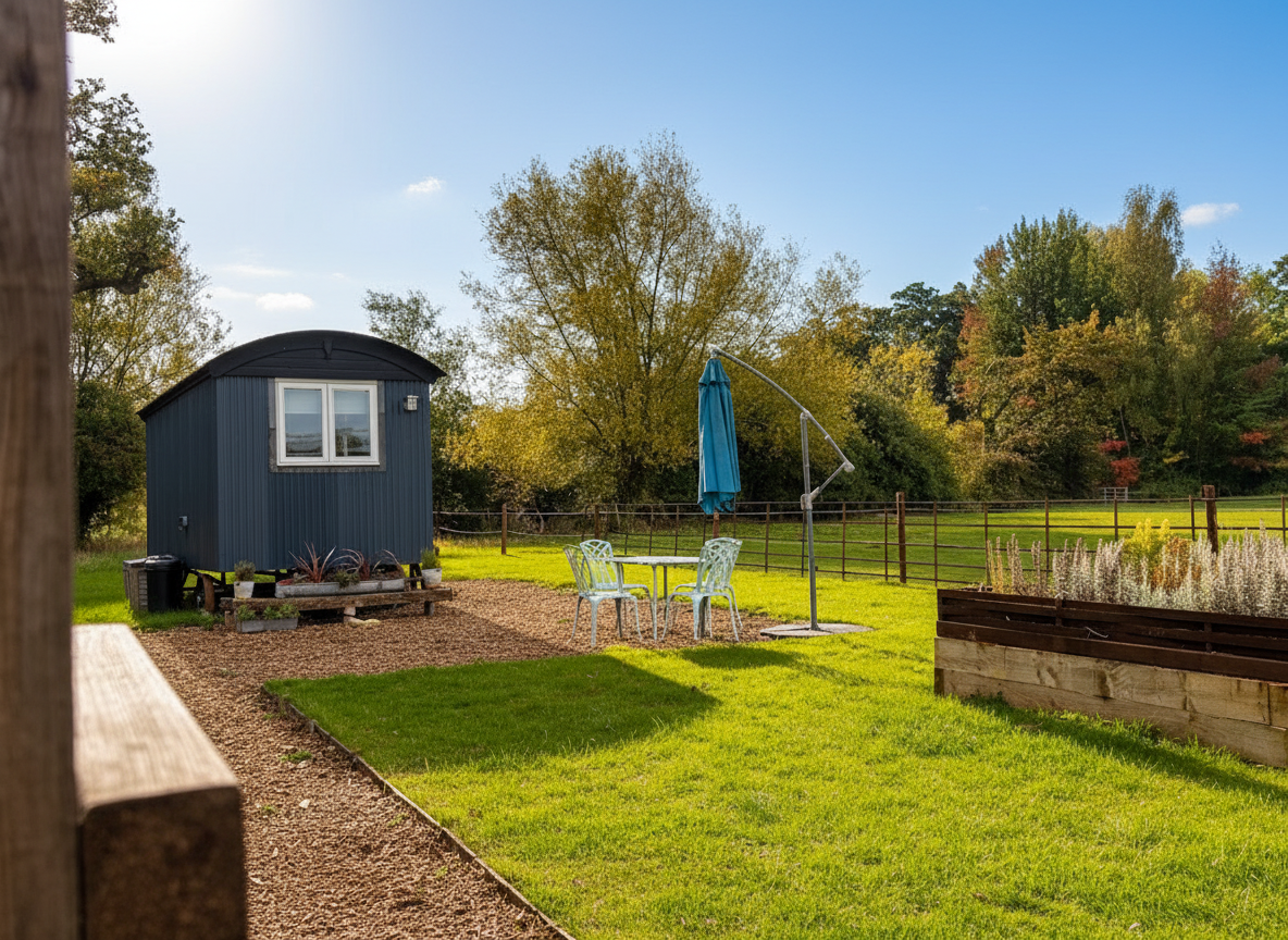 Backyard scene with a small blue shed, a patio table with four chairs, a closed blue patio umbrella, and a wood chip path on a sunny day with trees in the background.