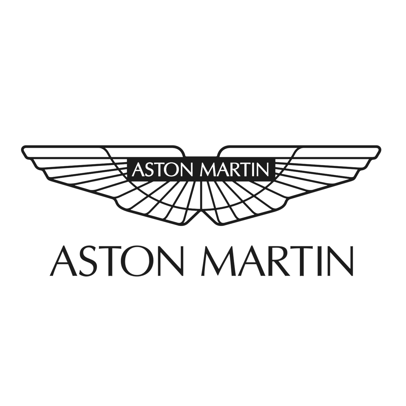 A black-and-white logo of Aston Martin with a stylized winged emblem and the company's name.