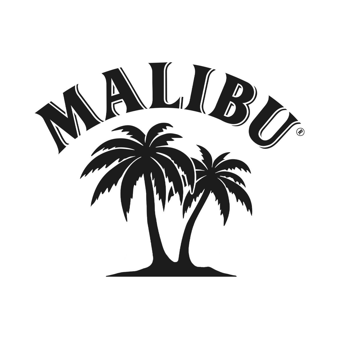 Malibu logo with two palm trees underneath, in black and white